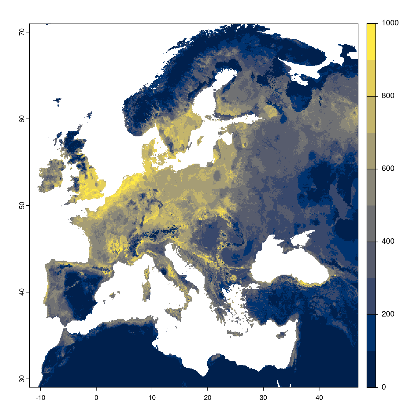 Projection des distributions potentielles futures jusqu'à l'horizon 2100 sous le scénario SSP2-4.5 (modèle d'ensemble).