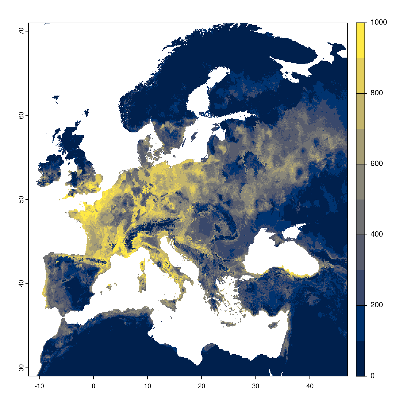 Projection des distributions potentielles futures jusqu'à l'horizon 2100 sous le scénario SSP3-7.0 (modèle d'ensemble).