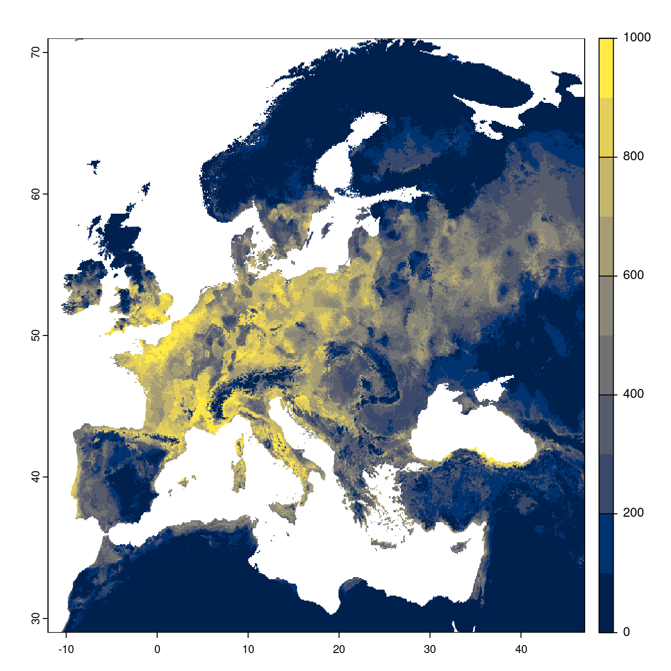 Projection des distributions potentielles futures jusqu'à l'horizon 2100 sous le scénario SSP5-8.5 (modèle d'ensemble).