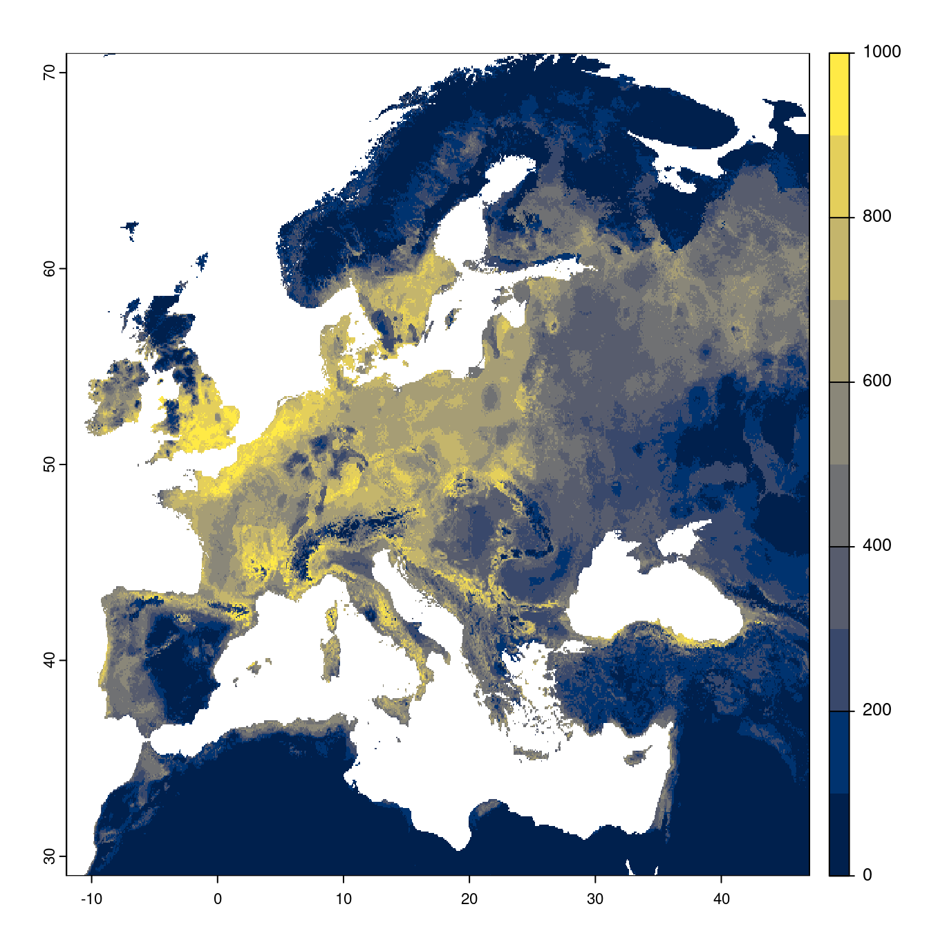 Projection des distributions potentielles futures jusqu'à l'horizon 2100 sous le scénario SSP5-8.5 (modèle d'ensemble).