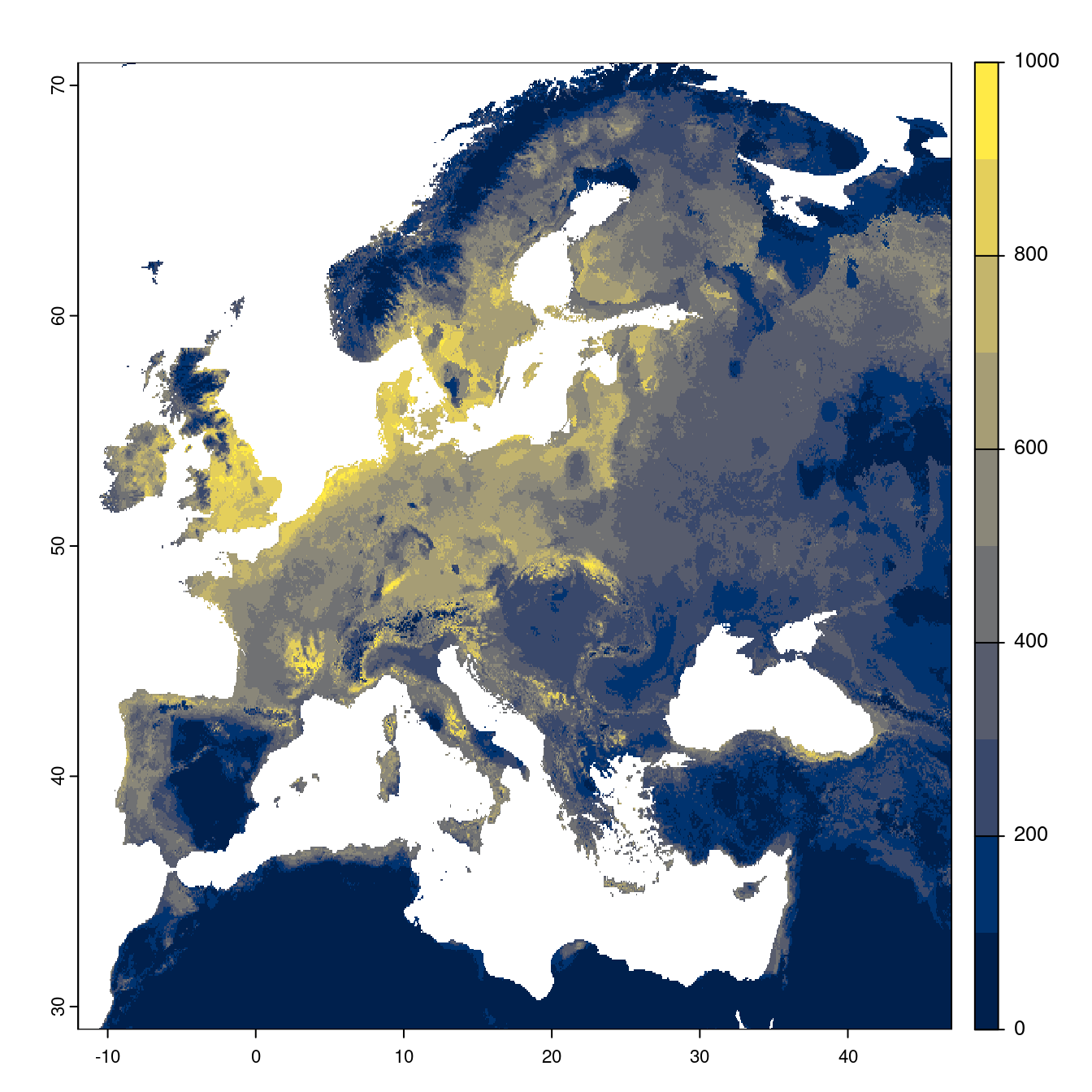 Projection des distributions potentielles futures jusqu'à l'horizon 2100 sous le scénario SSP5-8.5 (modèle d'ensemble).