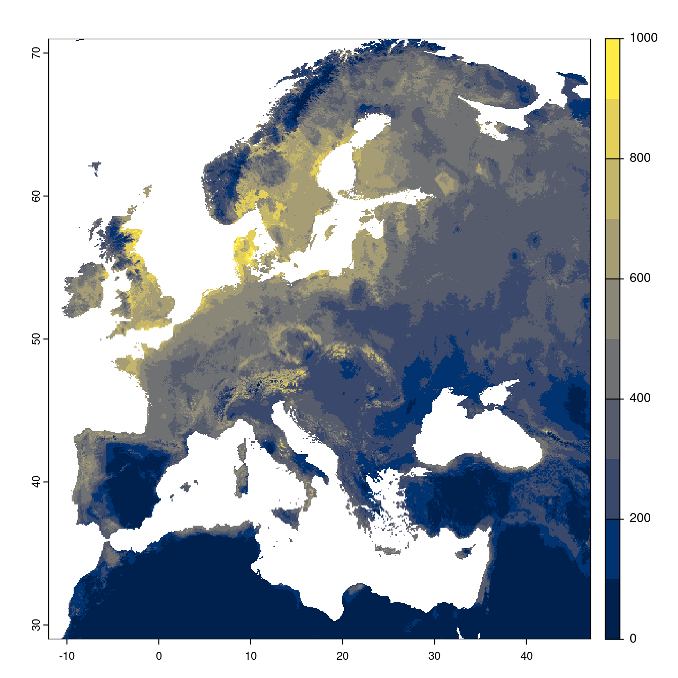 Projection des distributions potentielles futures jusqu'à l'horizon 2100 sous le scénario SSP5-8.5 (modèle d'ensemble).