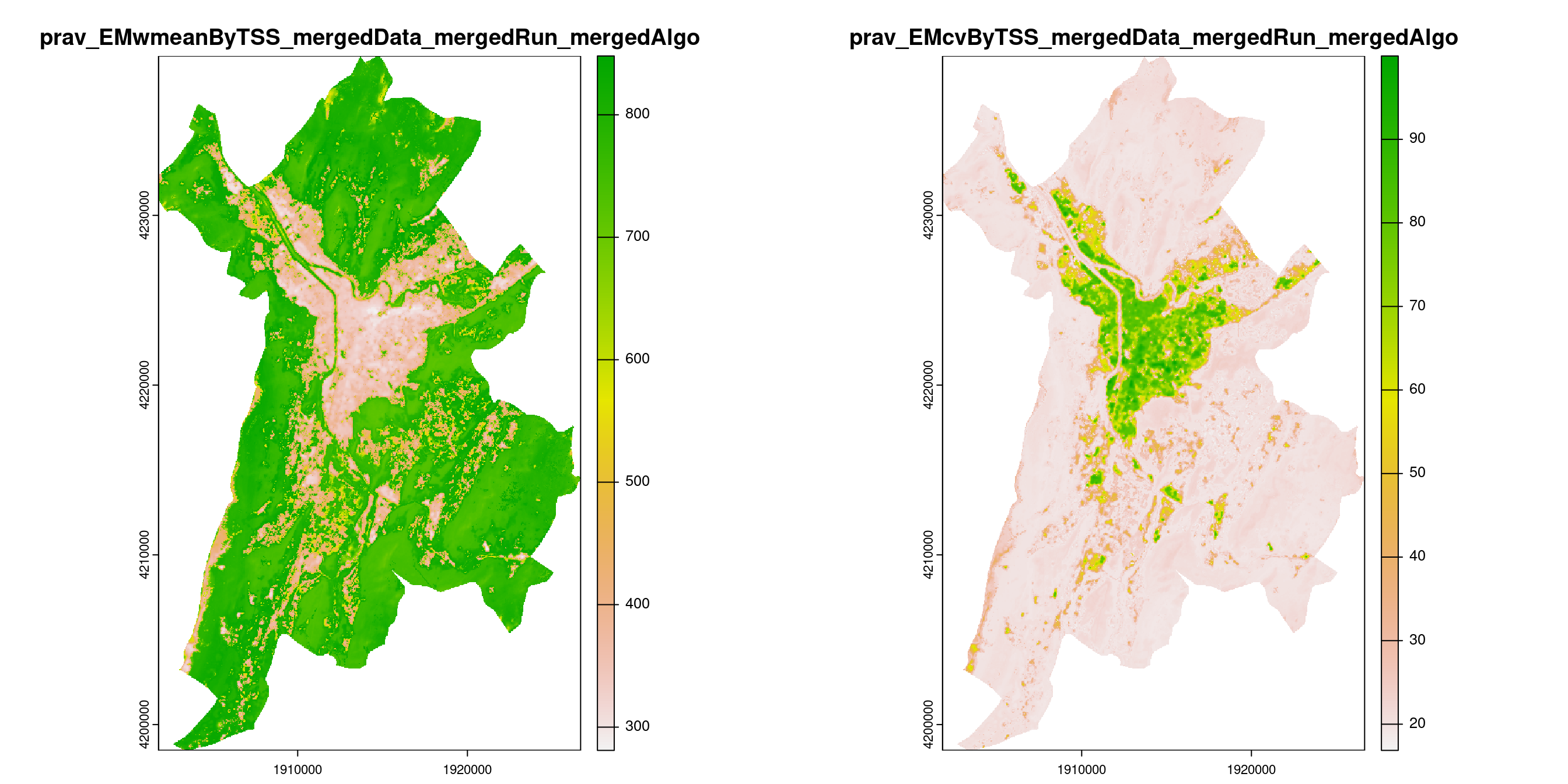A) Projection de la distribution potentielle contemporaine (modèle d'ensemble) sur la métropole de Grenoble ; B) Incertitude associée à la projection.