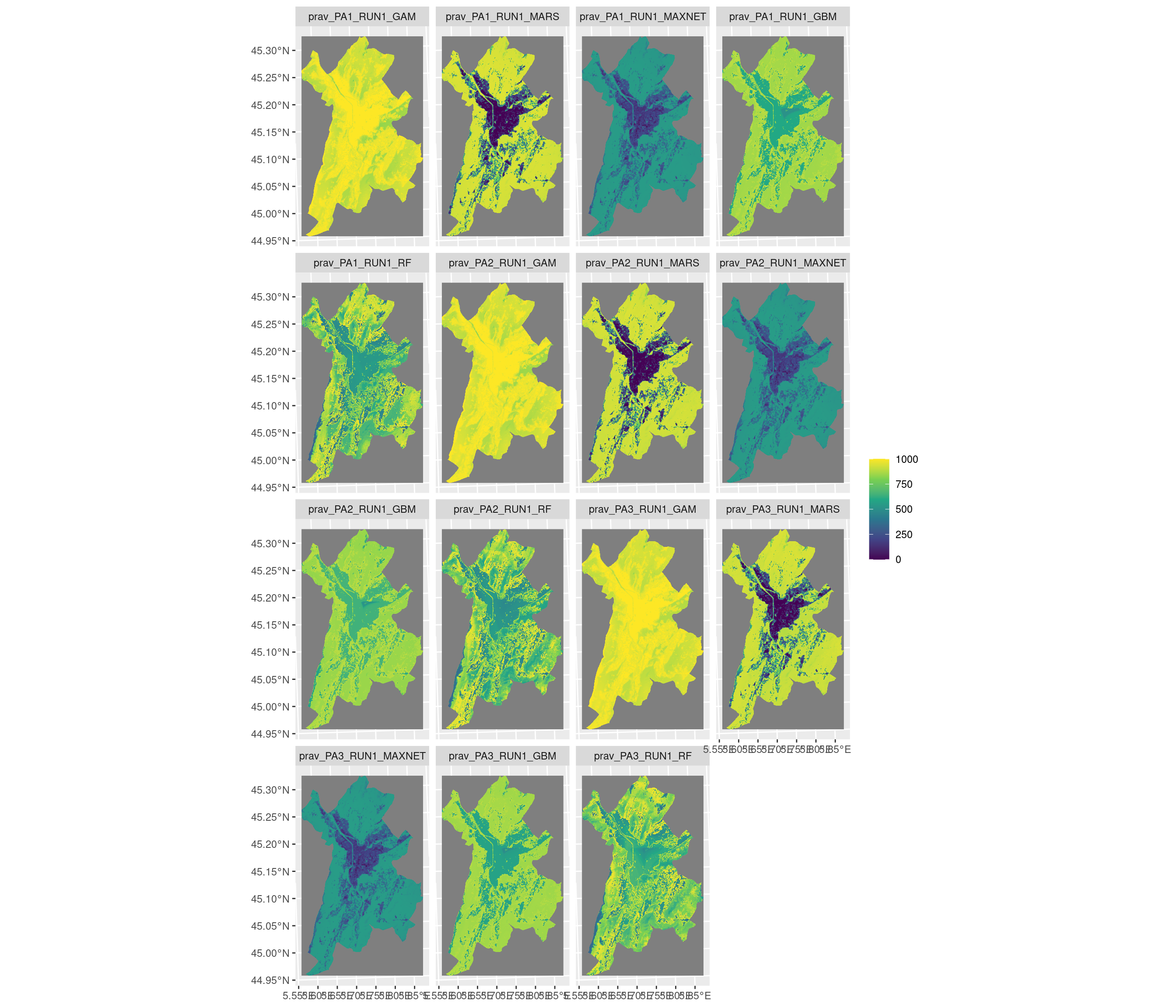 Projection de la distribution potentielle contemporaine sur la métropole de Grenoble, selon les 6 algorithmes et les 3 runs.