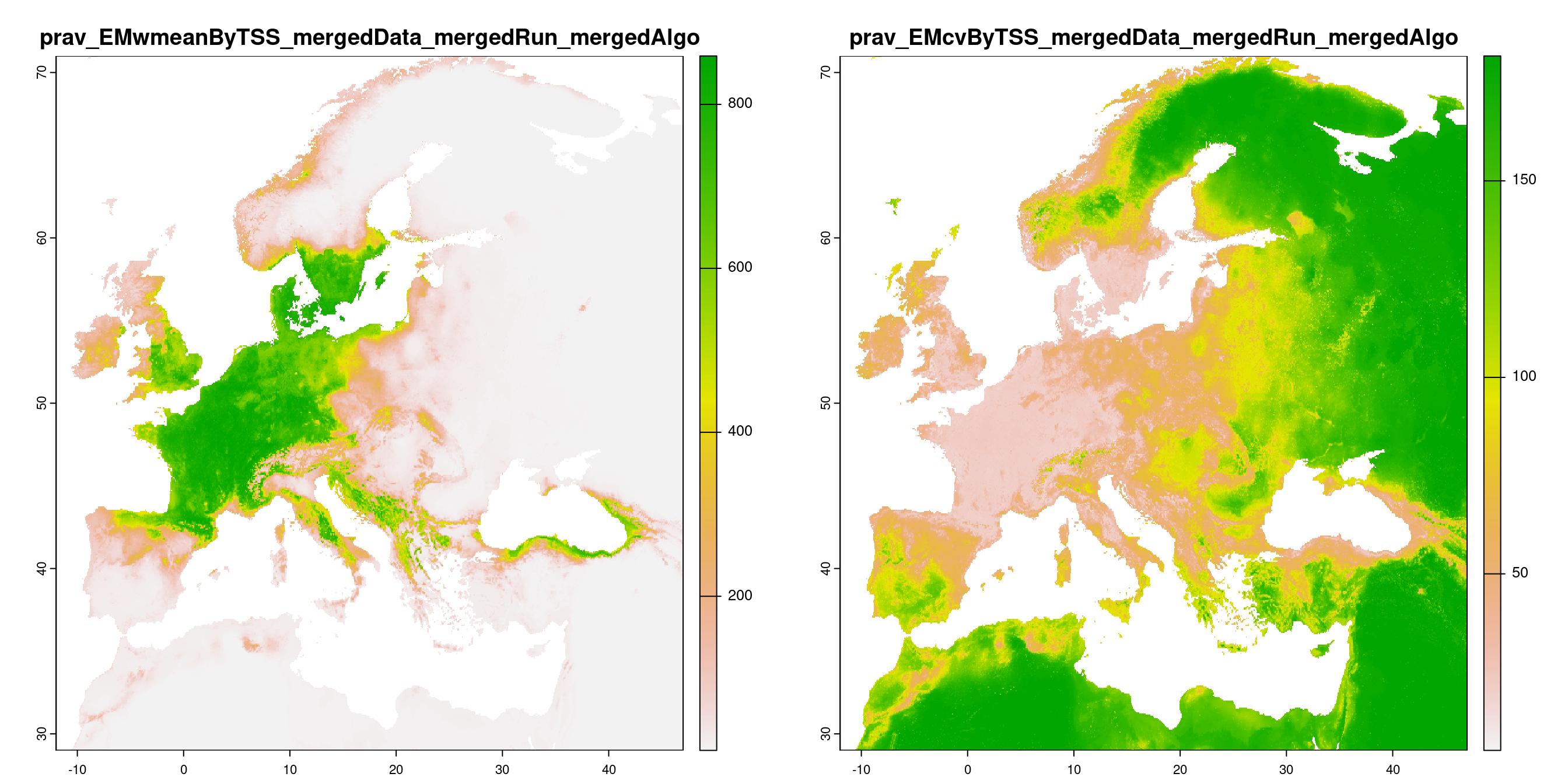 A) Projection de la distribution potentielle contemporaine (modèle d'ensemble) ; B) Incertitude associée à la projection.