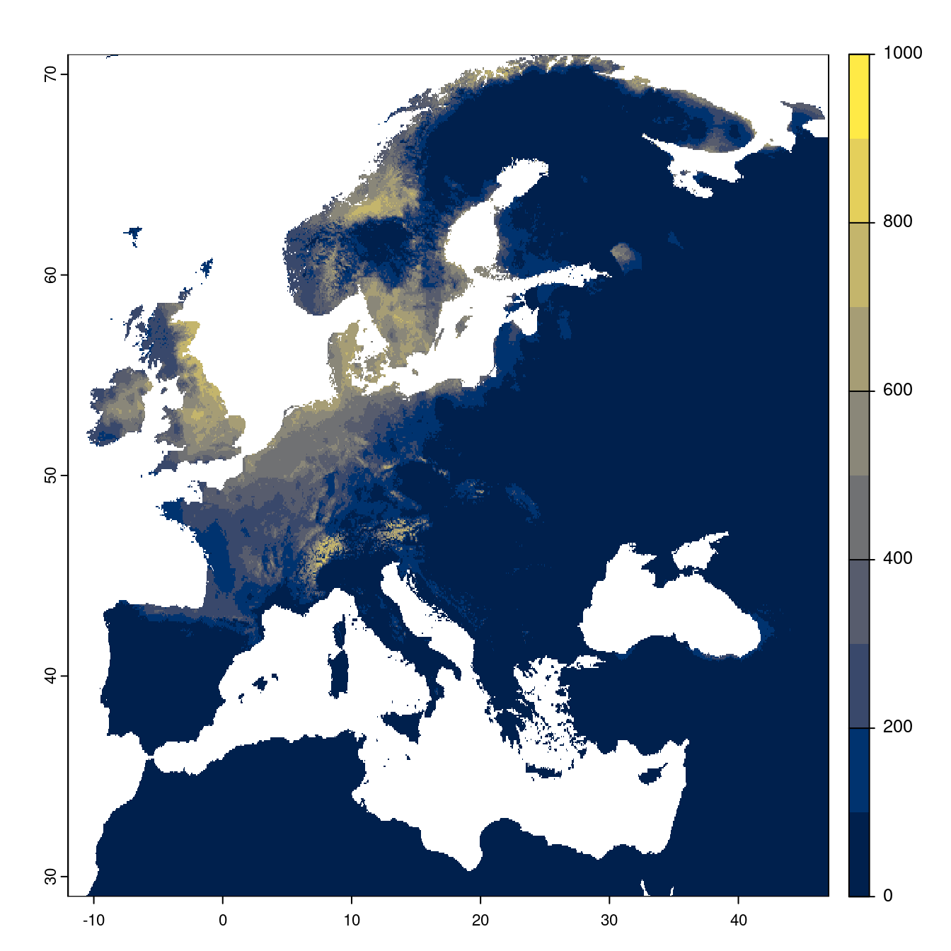 Projection des distributions potentielles futures jusqu'à l'horizon 2100 sous le scénario SSP3-7.0 (modèle d'ensemble).