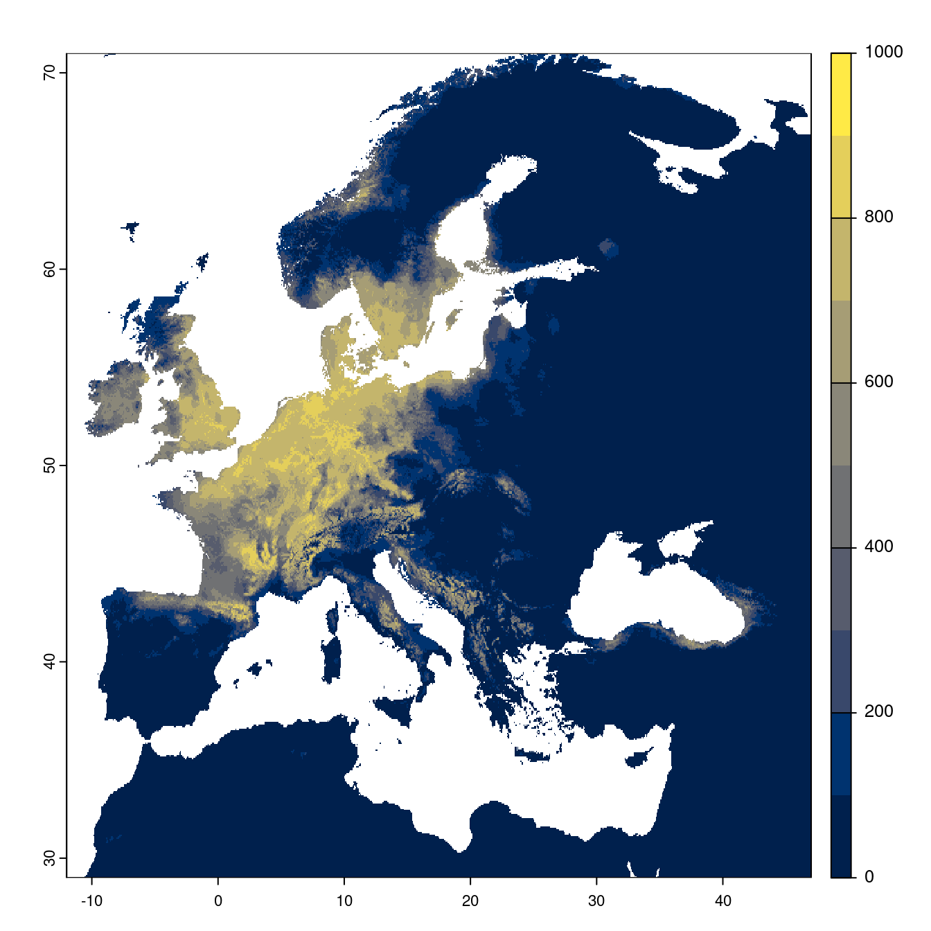 Projection des distributions potentielles futures jusqu'à l'horizon 2100 sous le scénario SSP5-8.5 (modèle d'ensemble).