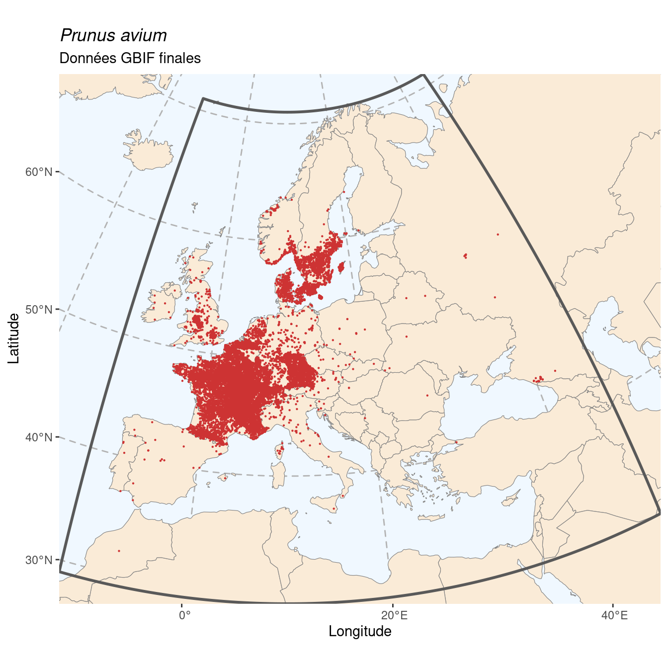 Occurrence de Prunus avium dans la région d'endémisme après sous-échantillonnage éventuel.