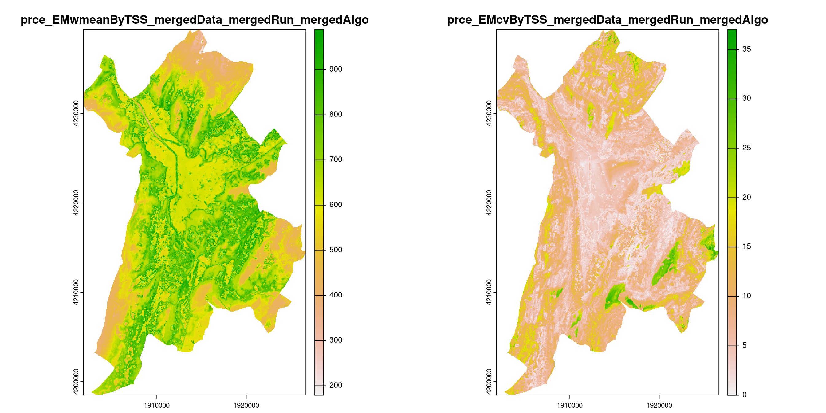 A) Projection de la distribution potentielle contemporaine (modèle d'ensemble) sur la métropole de Grenoble ; B) Incertitude associée à la projection.