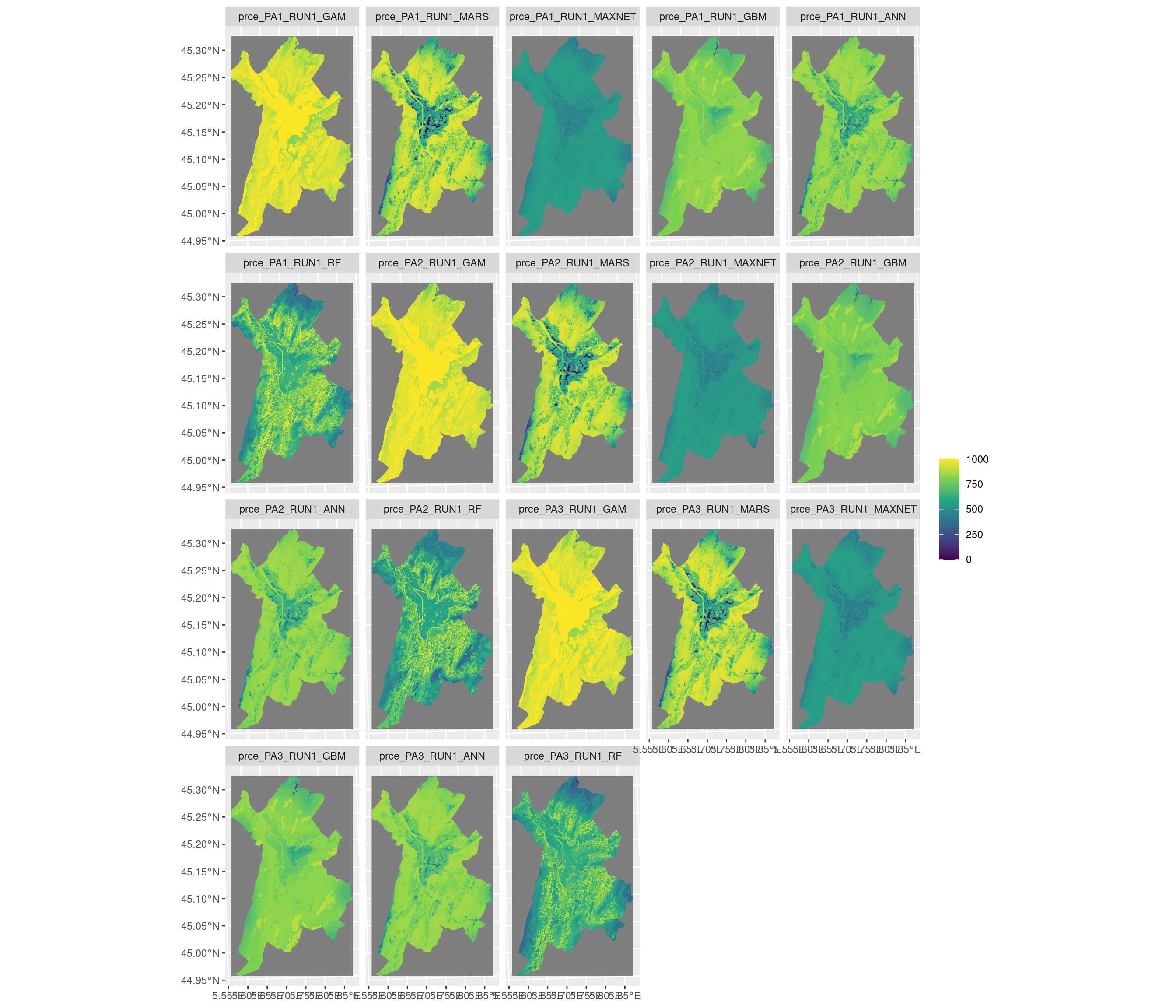 Projection de la distribution potentielle contemporaine sur la métropole de Grenoble, selon les 6 algorithmes et les 3 runs.