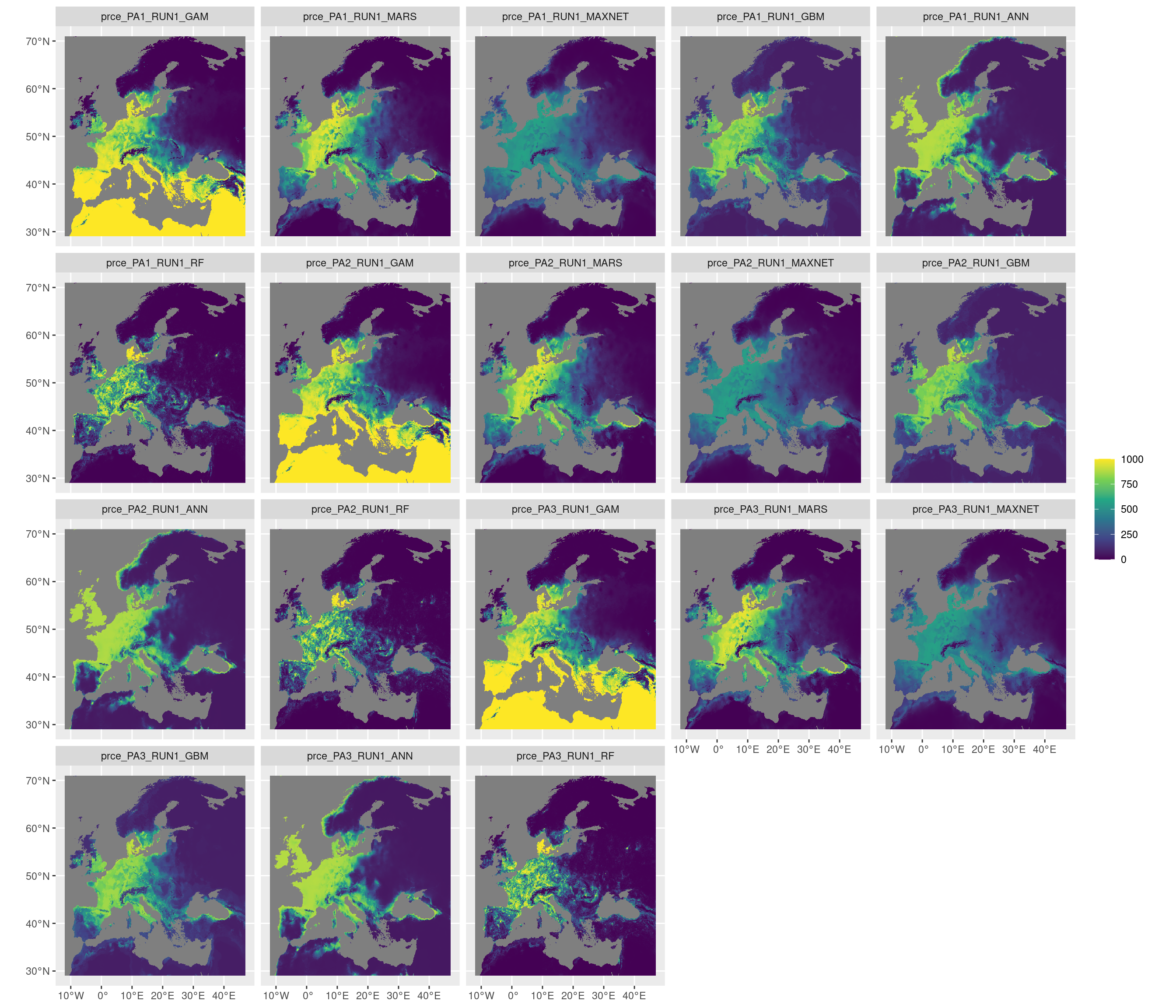 Projection de la distribution potentielle contemporaine sur l'Europe, selon les 6 algorithmes et les 3 runs.