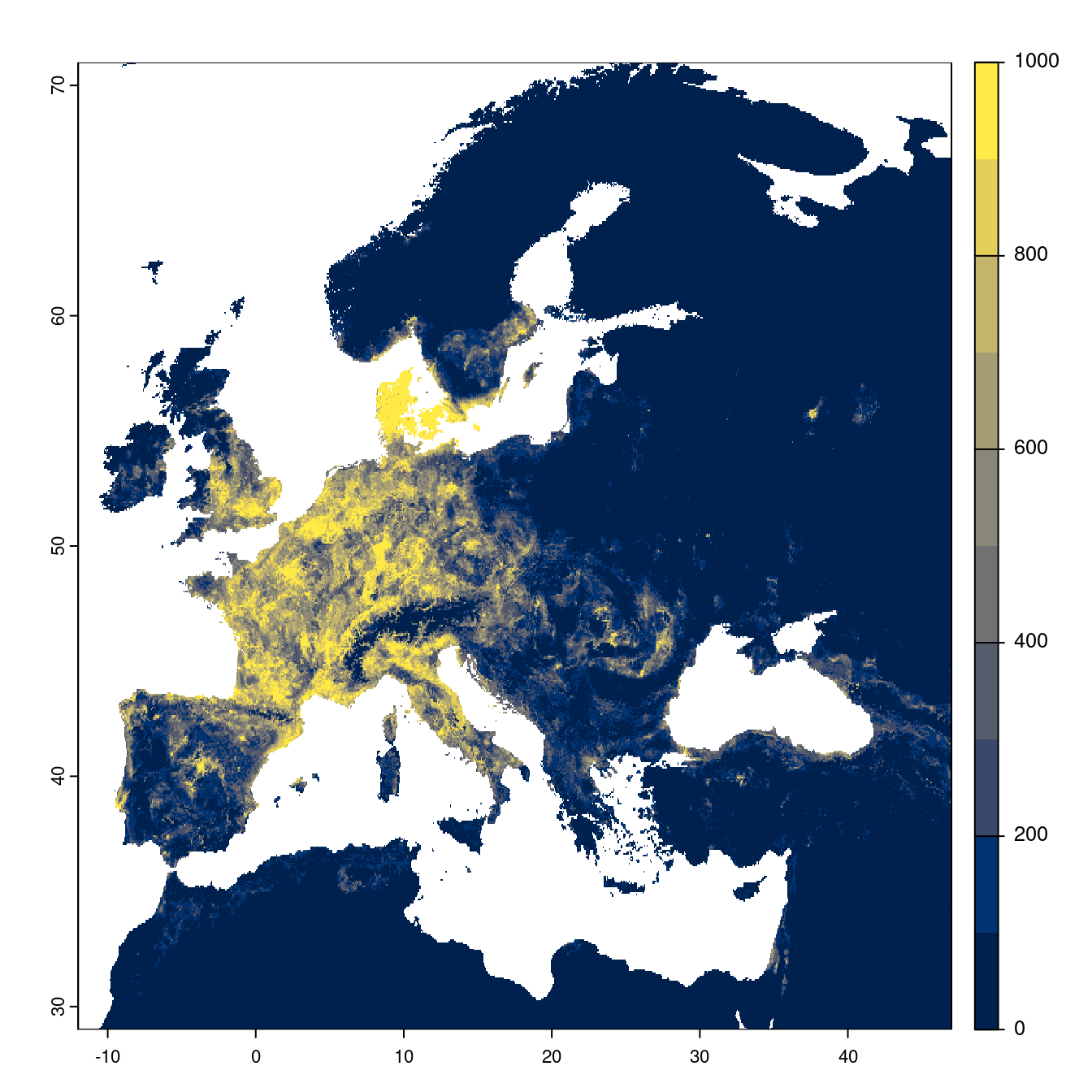 Projection des distributions potentielles futures jusqu'à l'horizon 2100 sous le scénario SSP2-4.5 (modèle d'ensemble).