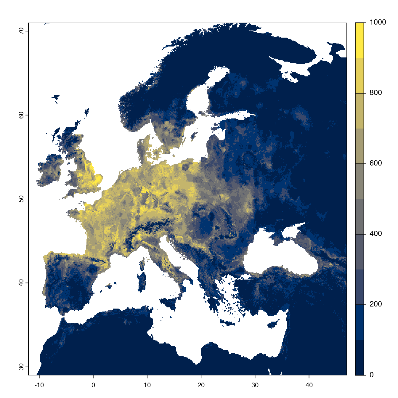 Projection des distributions potentielles futures jusqu'à l'horizon 2100 sous le scénario SSP3-7.0 (modèle d'ensemble).