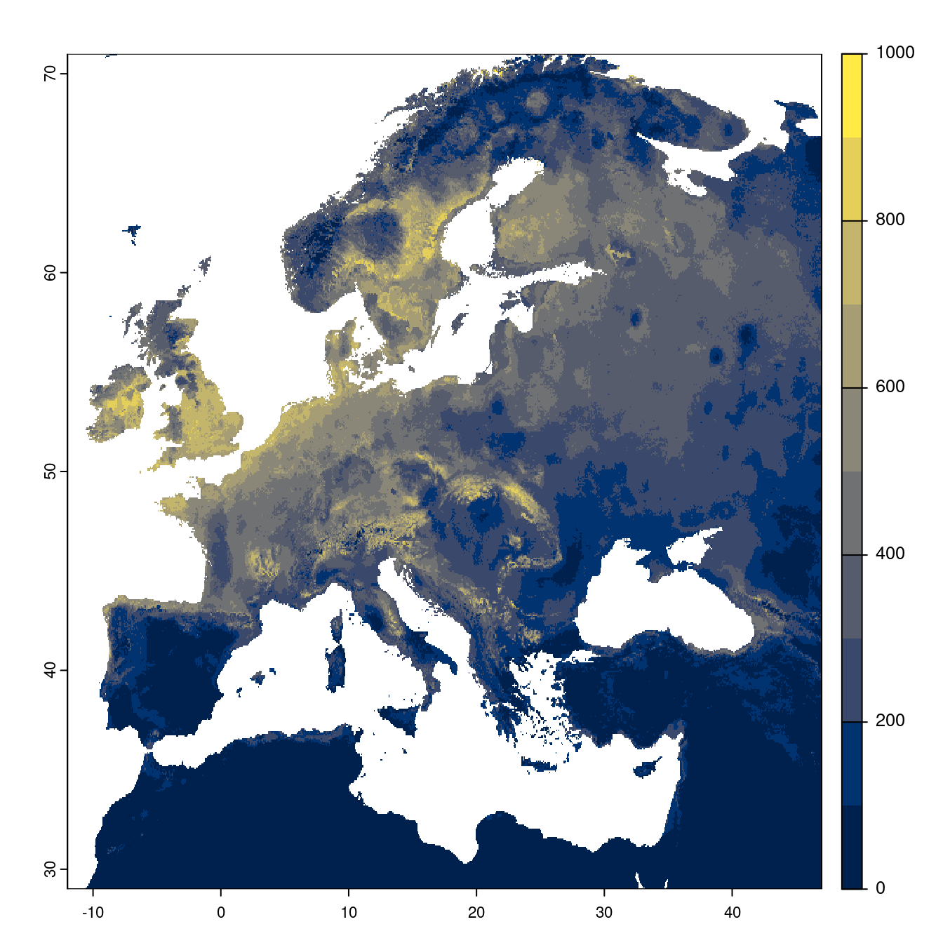 Projection des distributions potentielles futures jusqu'à l'horizon 2100 sous le scénario SSP3-7.0 (modèle d'ensemble).