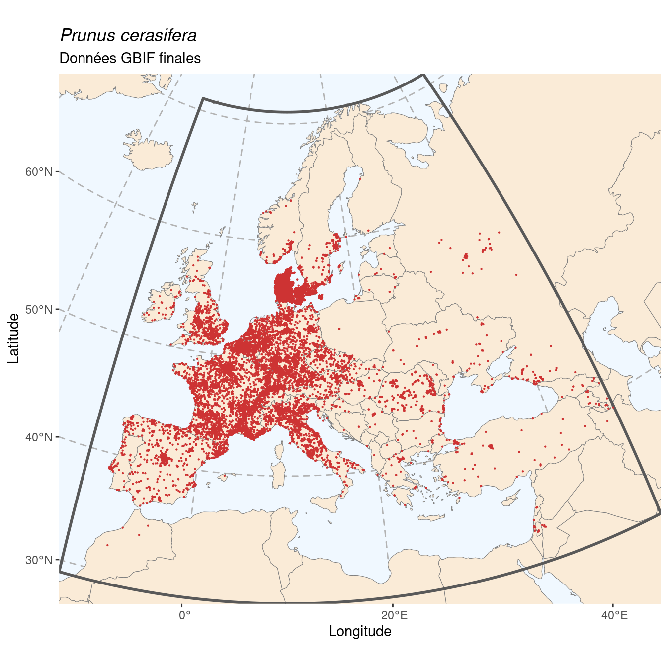 Occurrence de Prunus cerasifera dans la région d'endémisme après sous-échantillonnage éventuel.