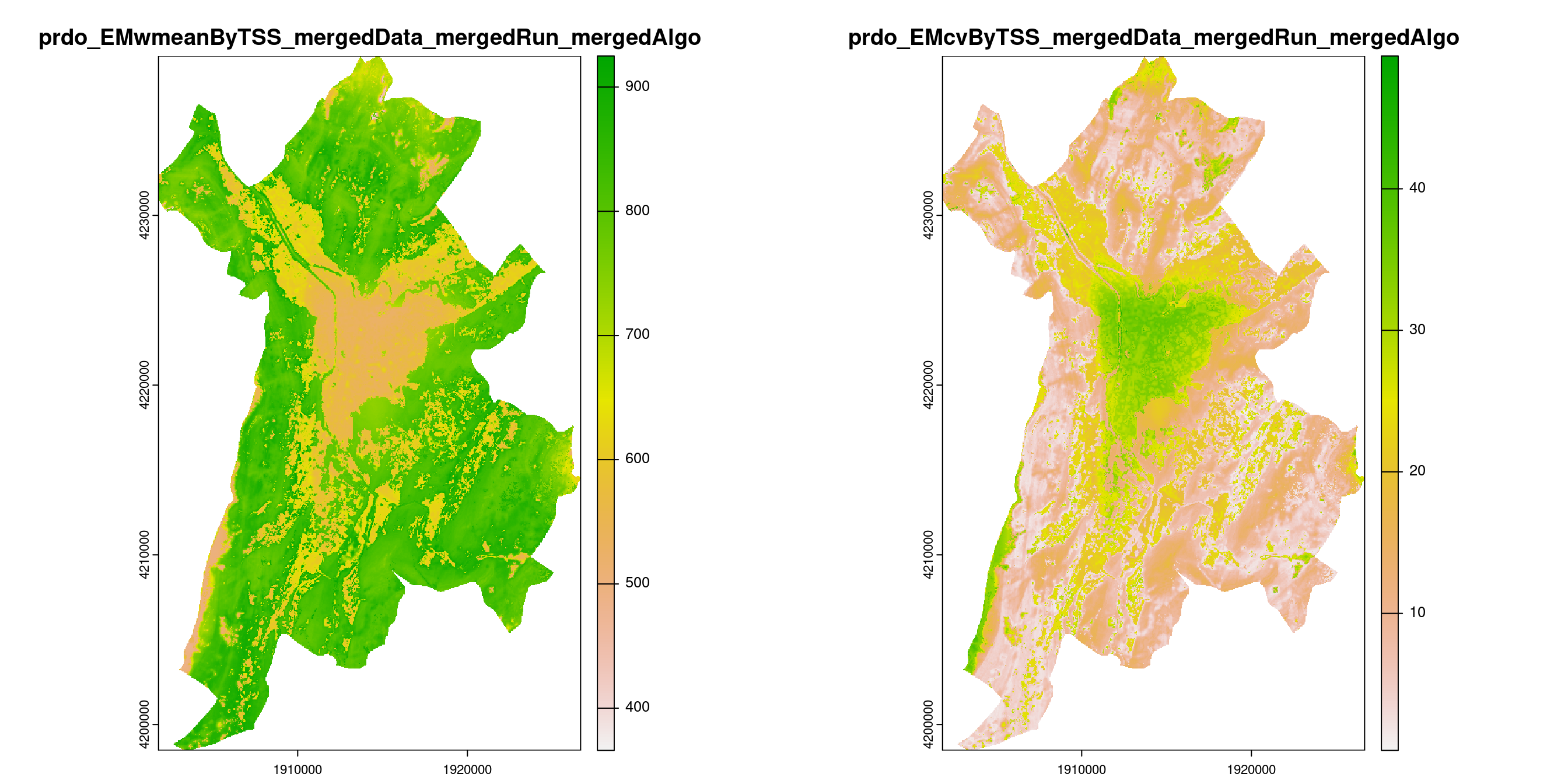 A) Projection de la distribution potentielle contemporaine (modèle d'ensemble) sur la métropole de Grenoble ; B) Incertitude associée à la projection.