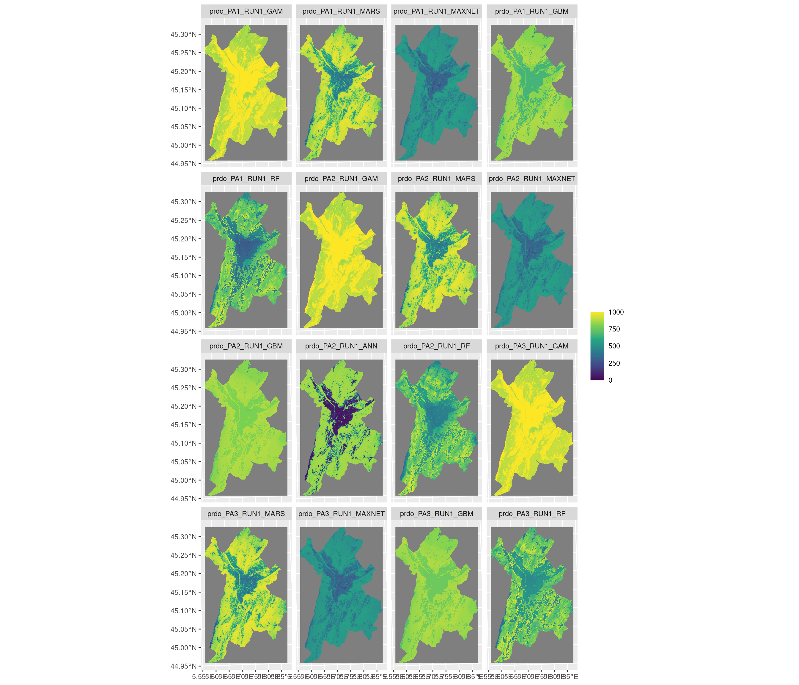 Projection de la distribution potentielle contemporaine sur la métropole de Grenoble, selon les 6 algorithmes et les 3 runs.