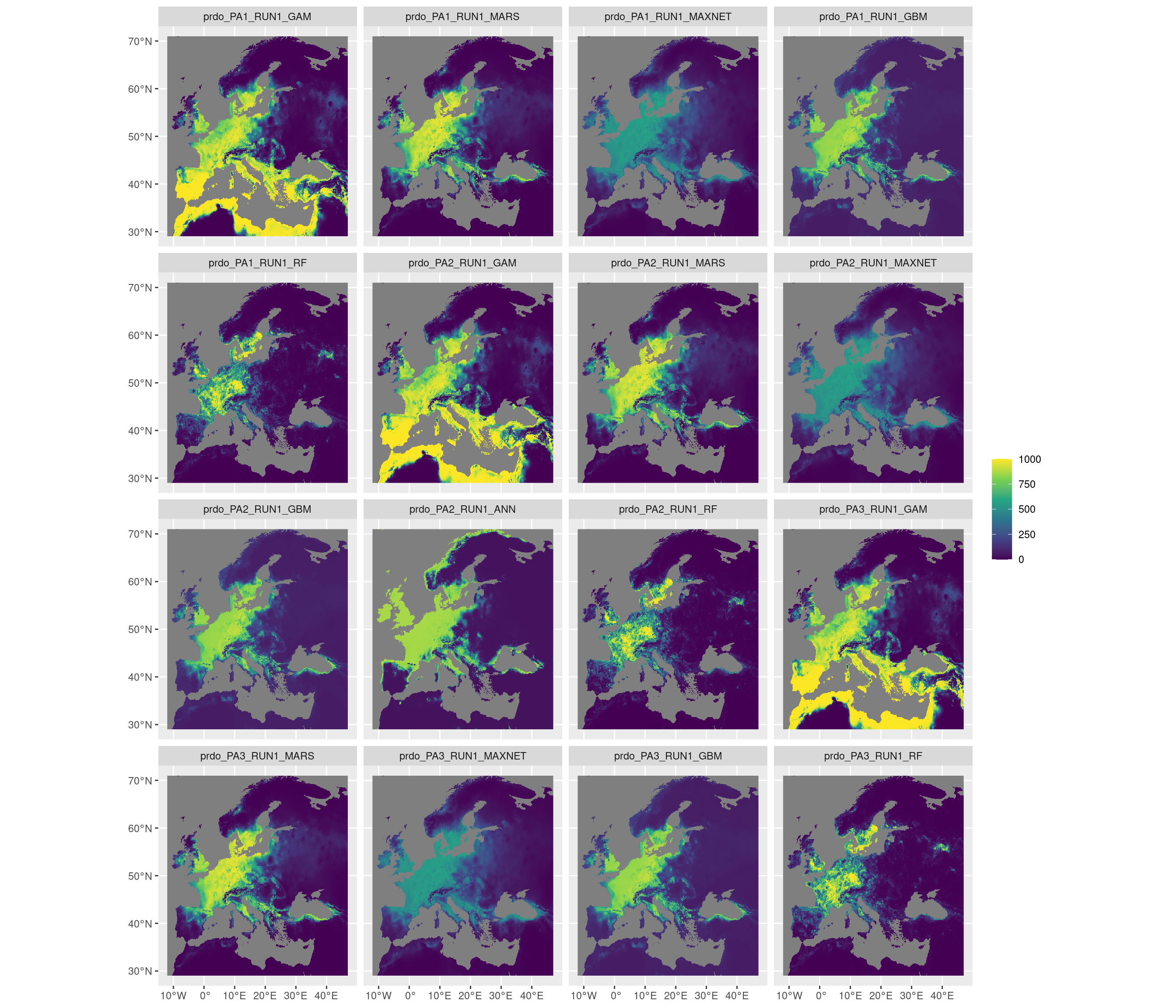 Projection de la distribution potentielle contemporaine sur l'Europe, selon les 6 algorithmes et les 3 runs.