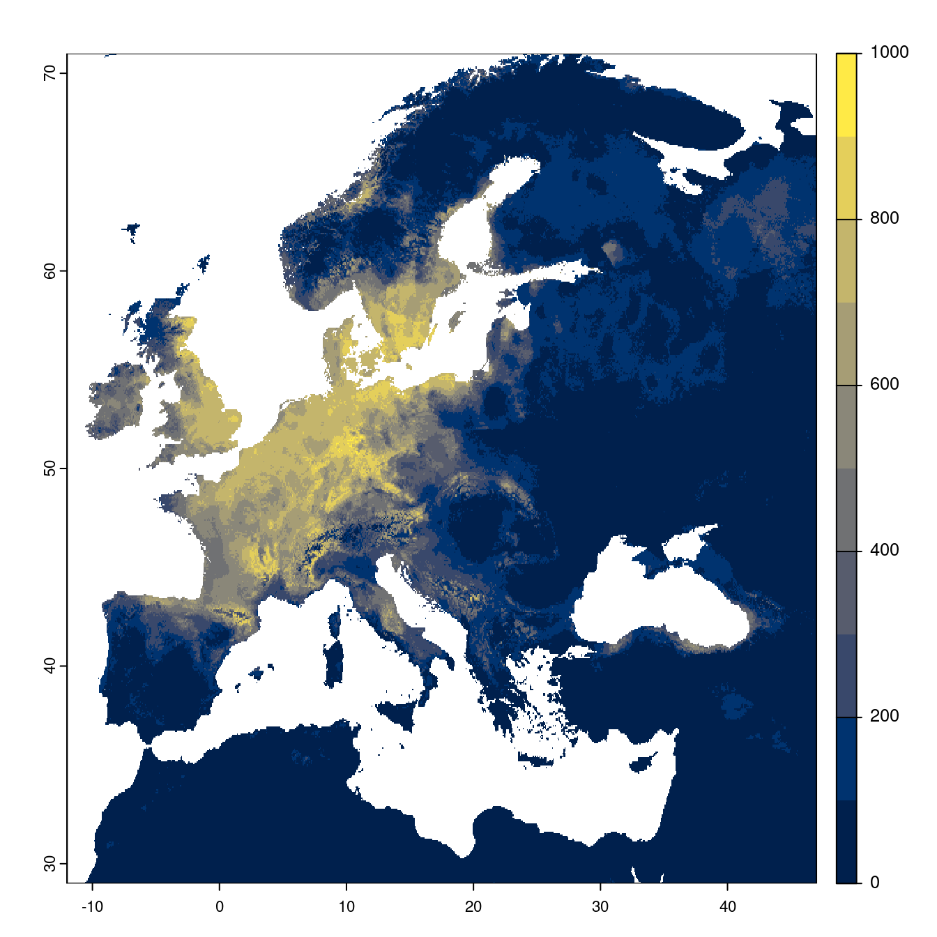 Projection des distributions potentielles futures jusqu'à l'horizon 2100 sous le scénario SSP1-2.6 (modèle d'ensemble).