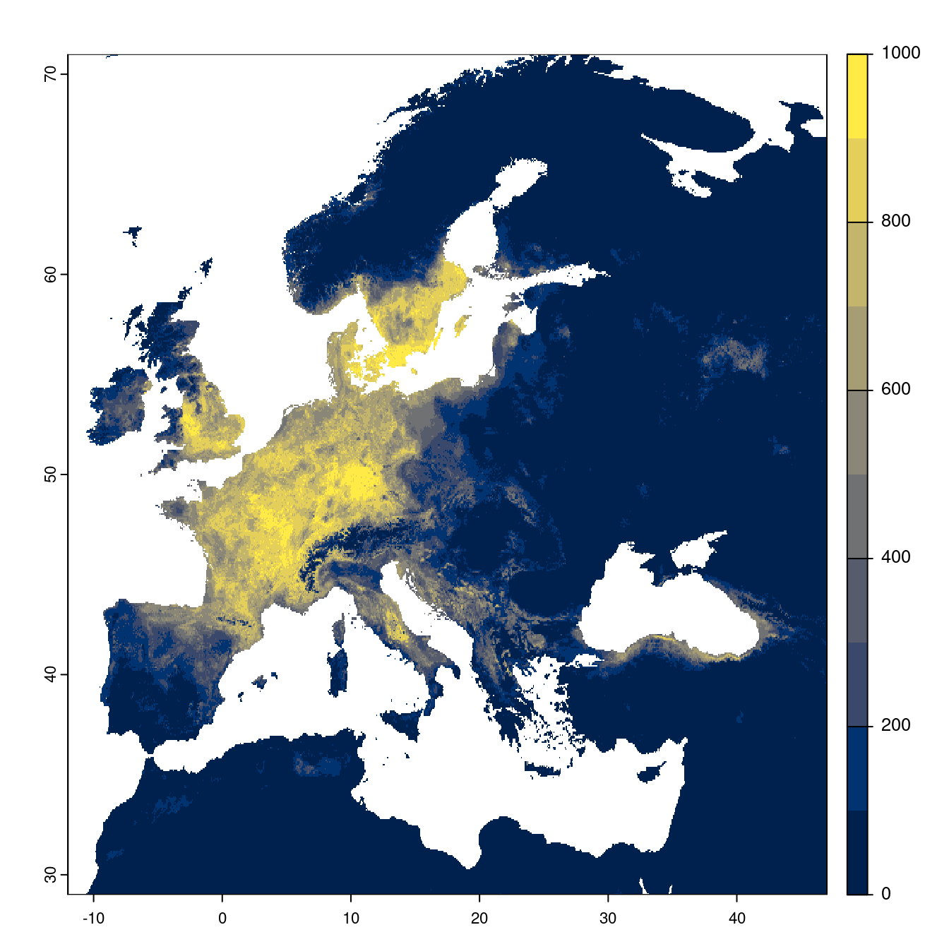 Projection des distributions potentielles futures jusqu'à l'horizon 2100 sous le scénario SSP5-8.5 (modèle d'ensemble).