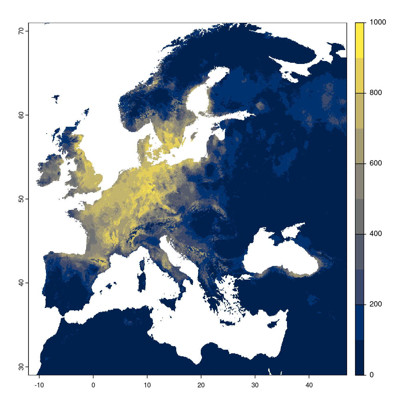 Projection des distributions potentielles futures jusqu'à l'horizon 2100 sous le scénario SSP5-8.5 (modèle d'ensemble).