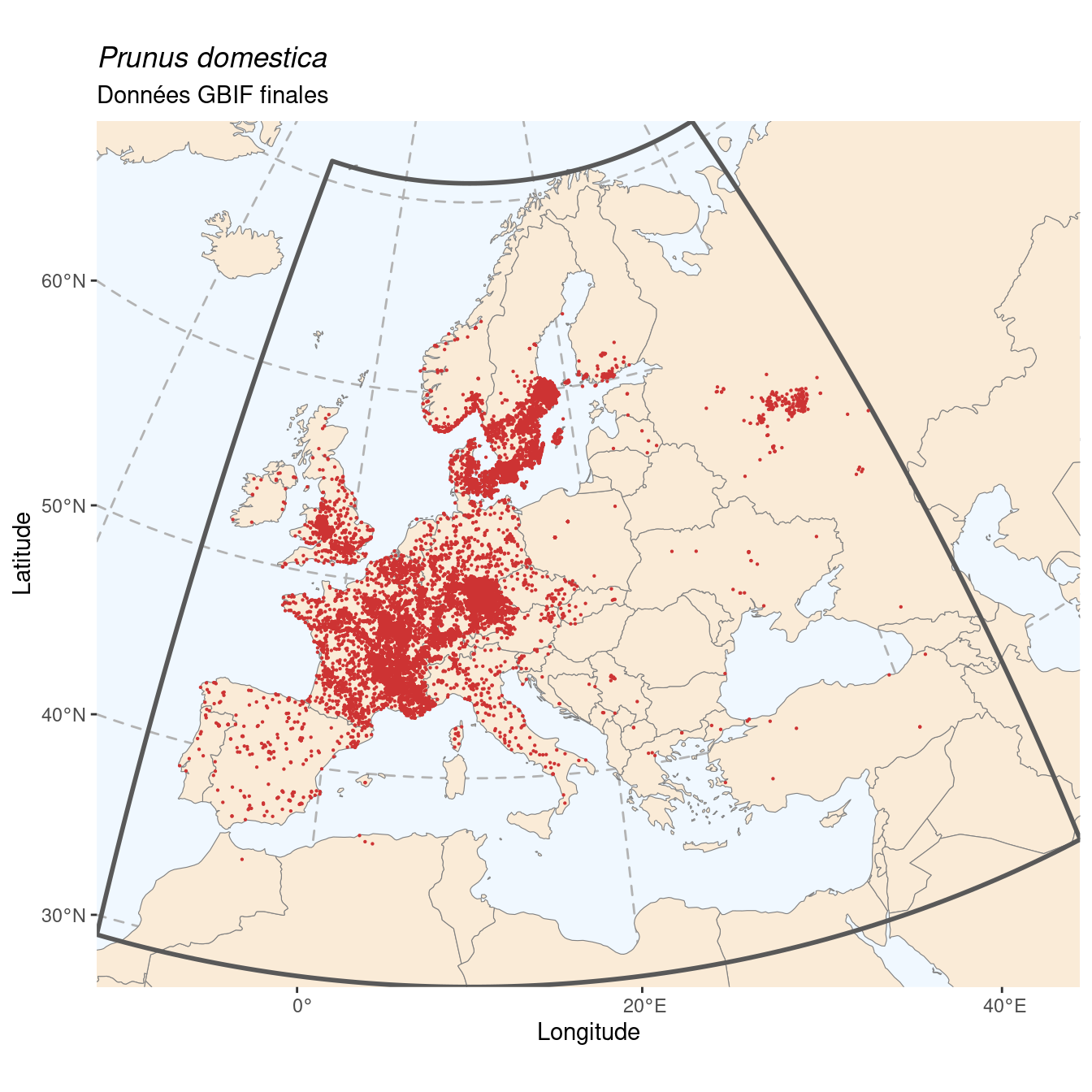 Occurrence de Prunus domestica dans la région d'endémisme après sous-échantillonnage éventuel.