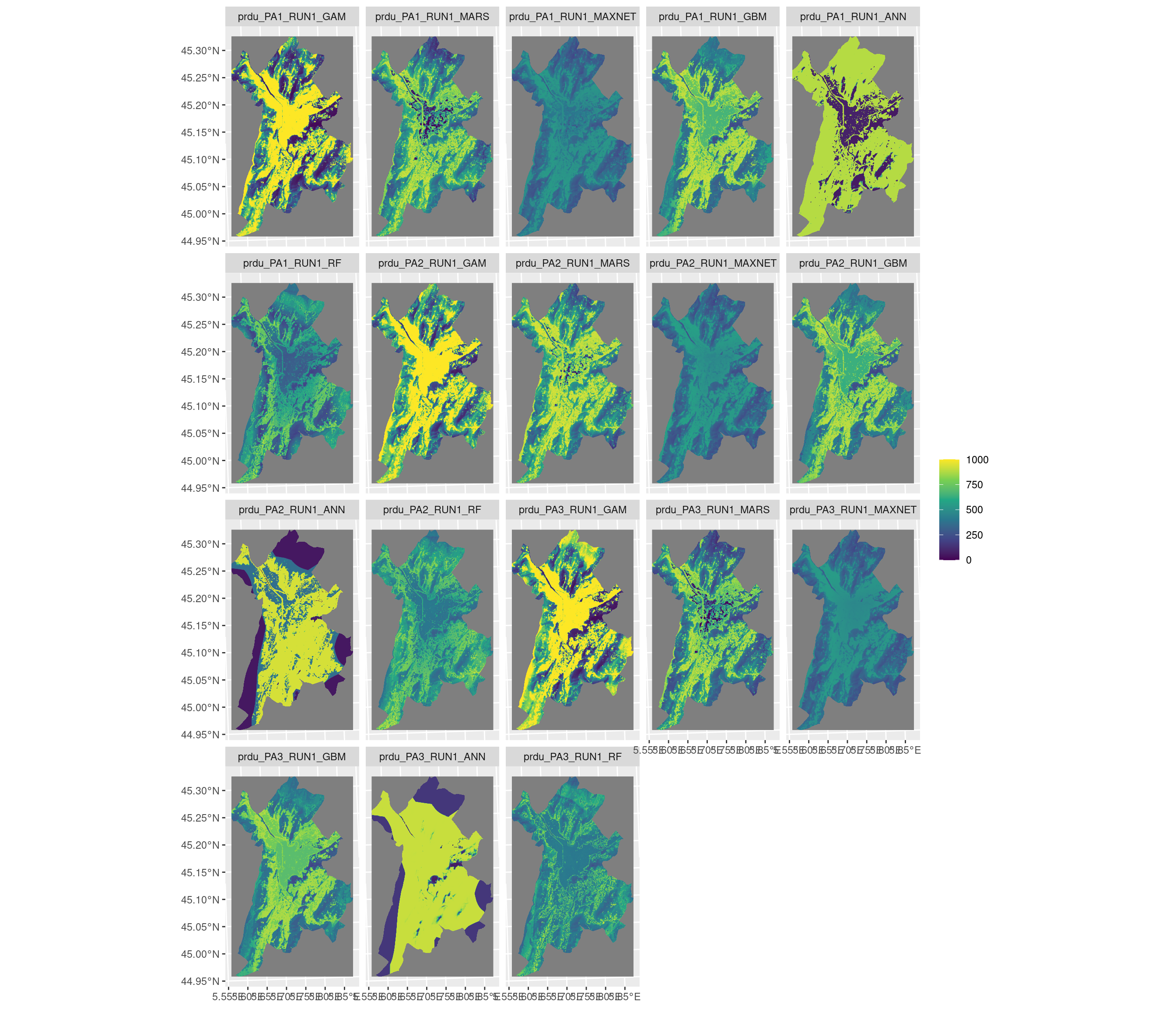 Projection de la distribution potentielle contemporaine sur la métropole de Grenoble, selon les 6 algorithmes et les 3 runs.