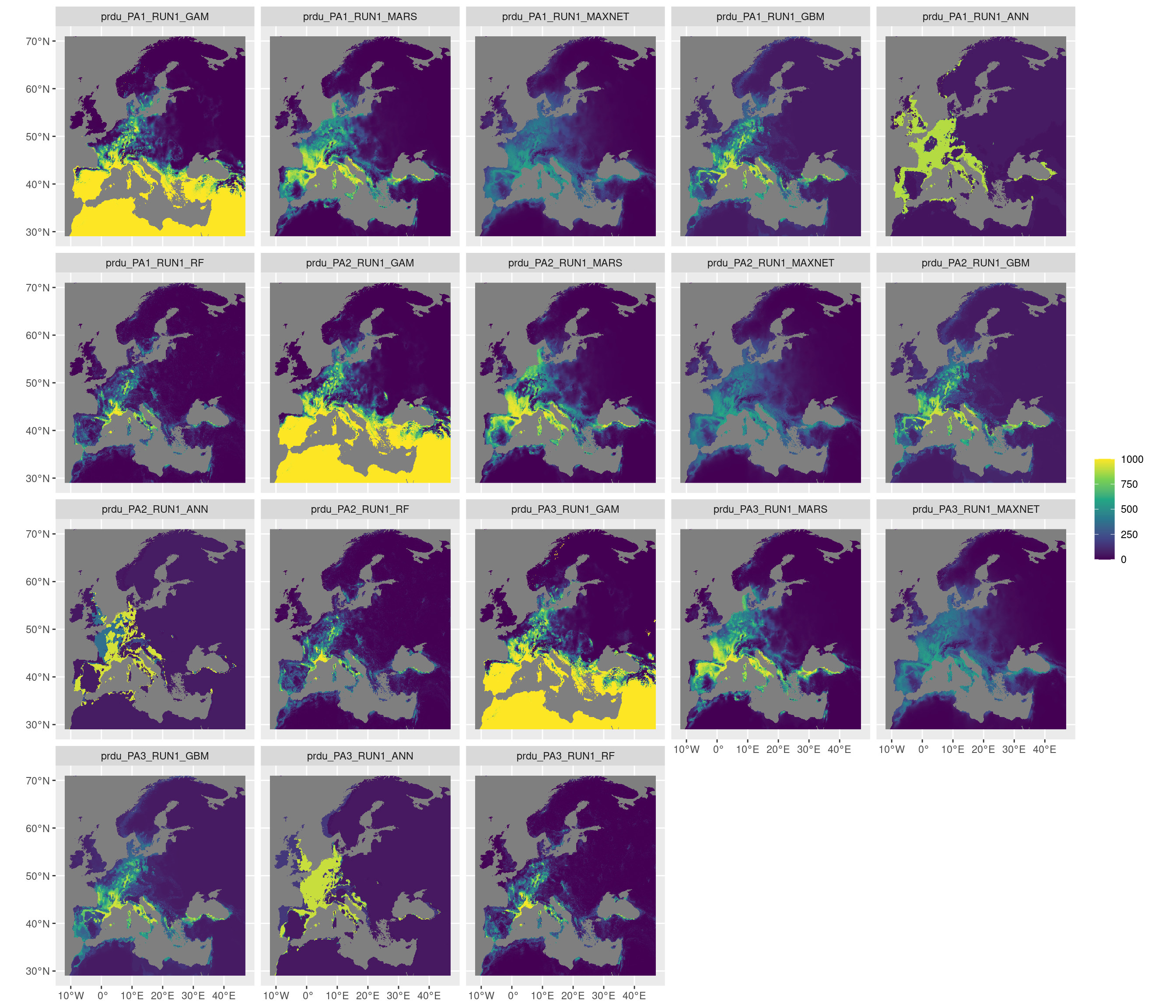 Projection de la distribution potentielle contemporaine sur l'Europe, selon les 6 algorithmes et les 3 runs.
