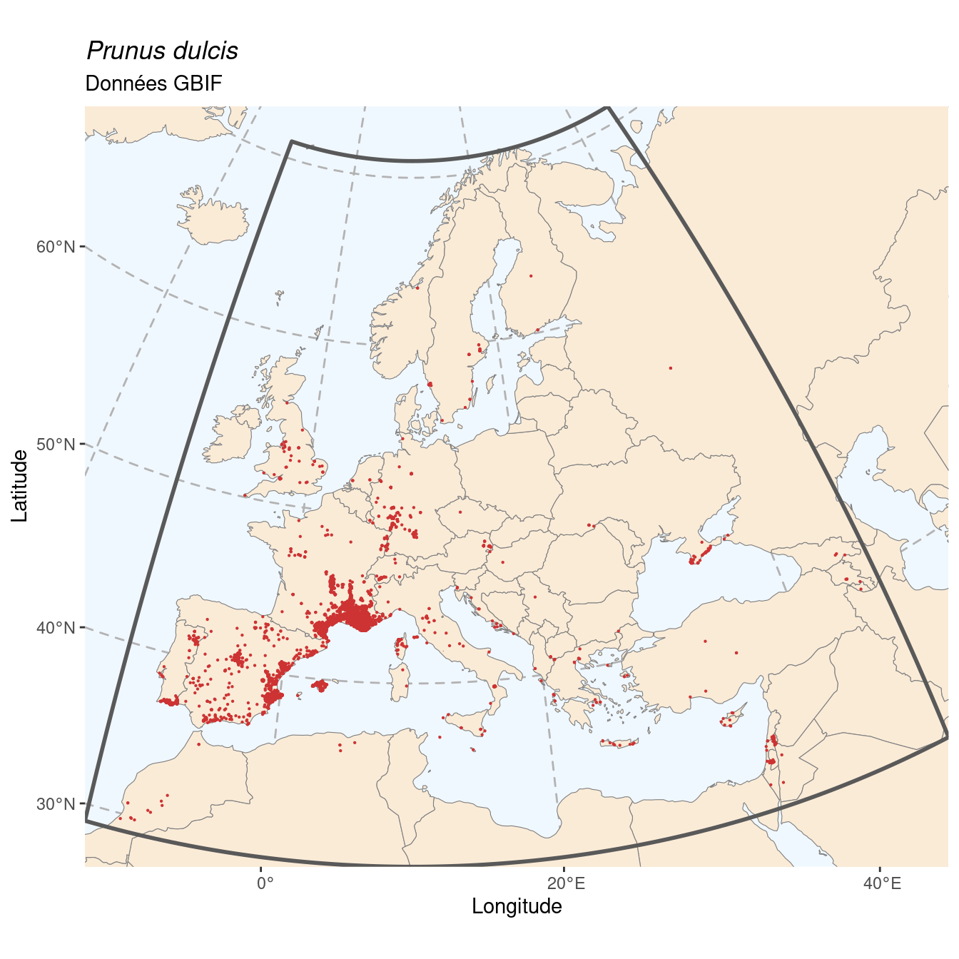 Occurrence de Prunus dulcis dans la région d'endémisme.