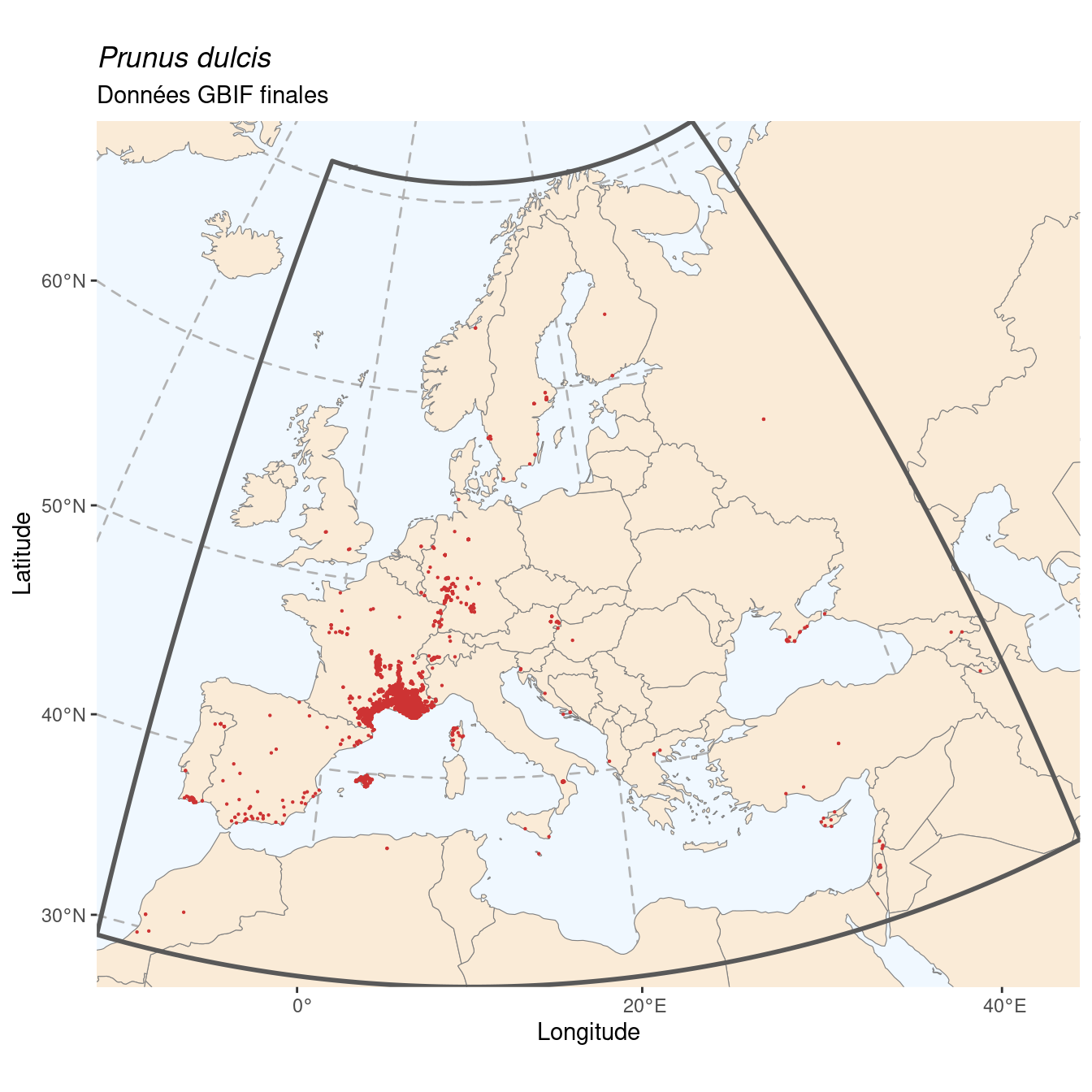 Occurrence de Prunus dulcis dans la région d'endémisme après sous-échantillonnage éventuel.