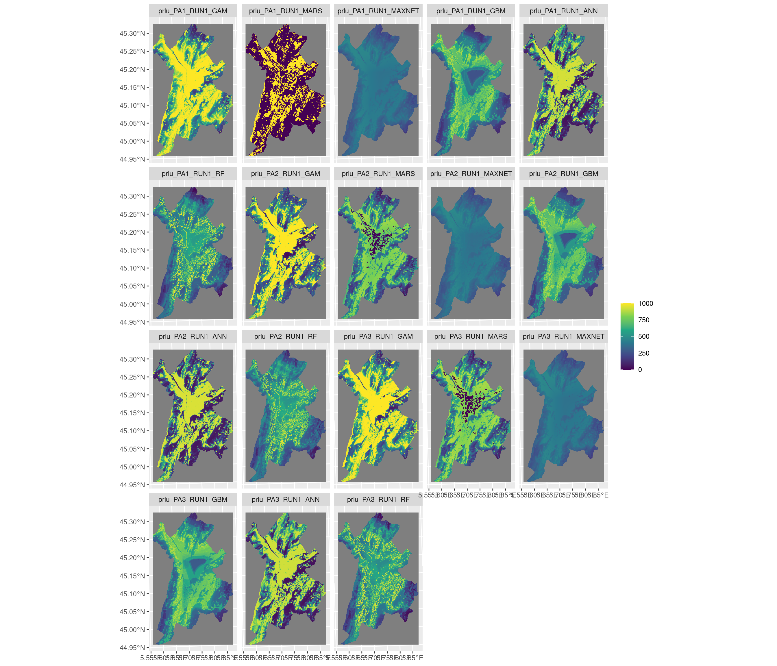 Projection de la distribution potentielle contemporaine sur la métropole de Grenoble, selon les 6 algorithmes et les 3 runs.