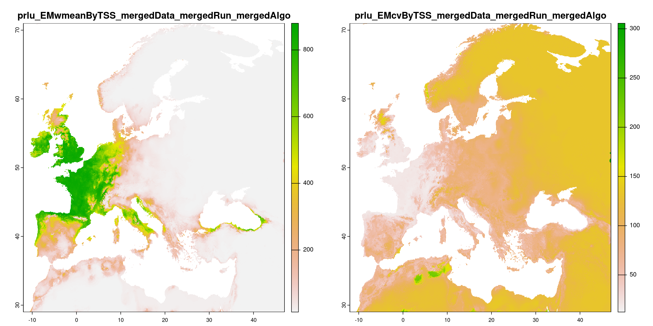 A) Projection de la distribution potentielle contemporaine (modèle d'ensemble) ; B) Incertitude associée à la projection.