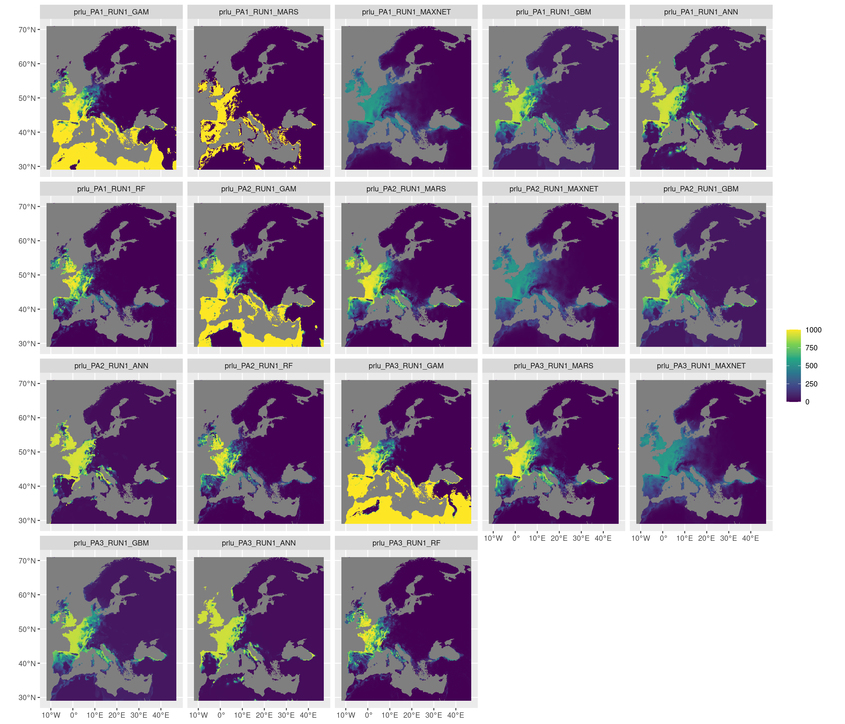 Projection de la distribution potentielle contemporaine sur l'Europe, selon les 6 algorithmes et les 3 runs.
