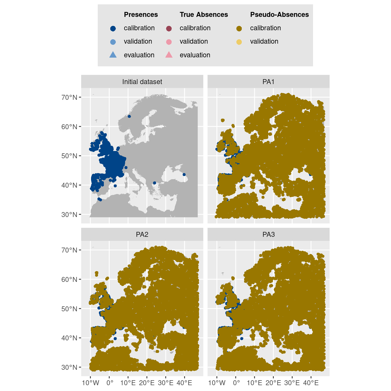 Les données d'occurrences (en haut à gauche) et les trois jeux de données aléatoires de pseudo-absences.