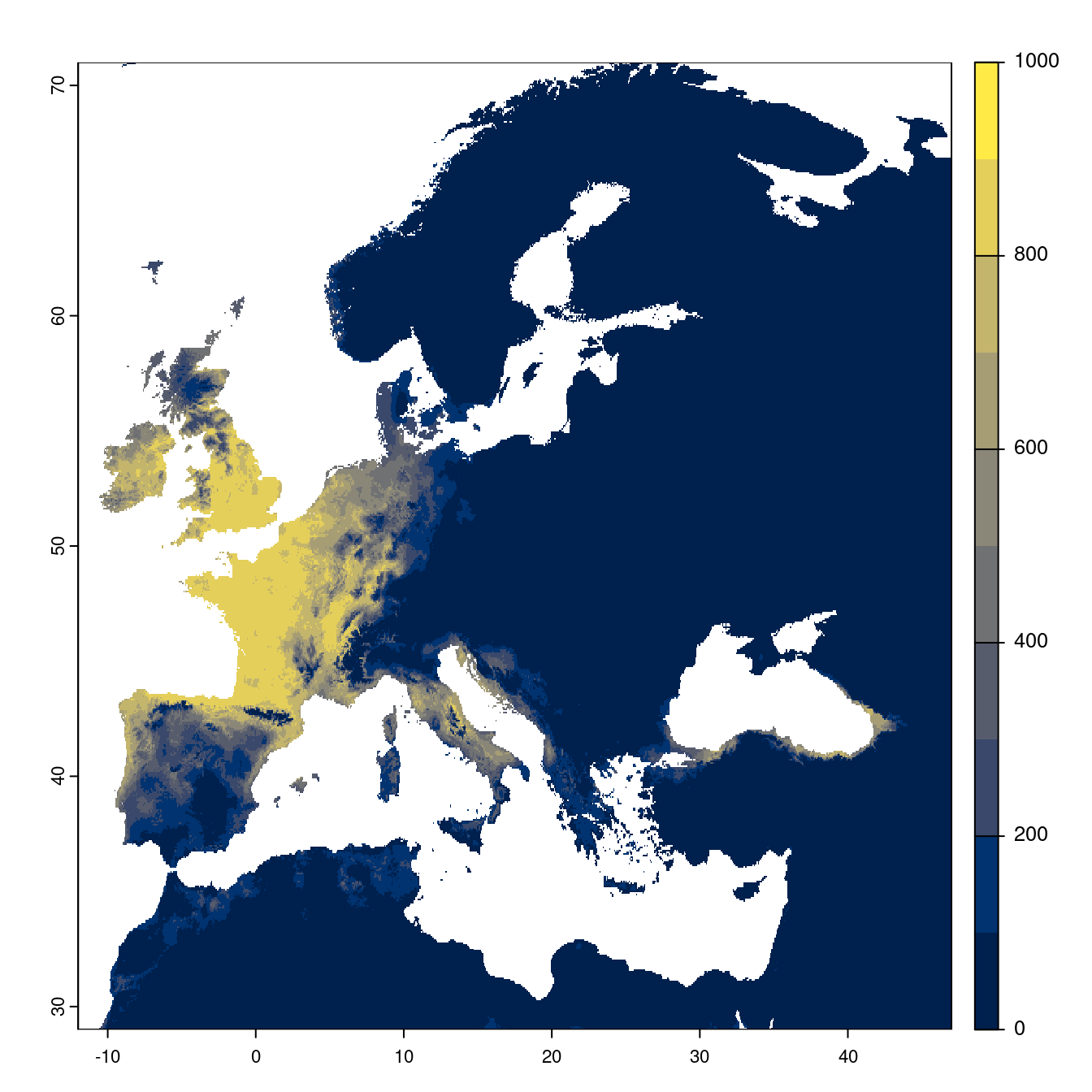 Projection des distributions potentielles futures jusqu'à l'horizon 2100 sous le scénario SSP1-2.6 (modèle d'ensemble).