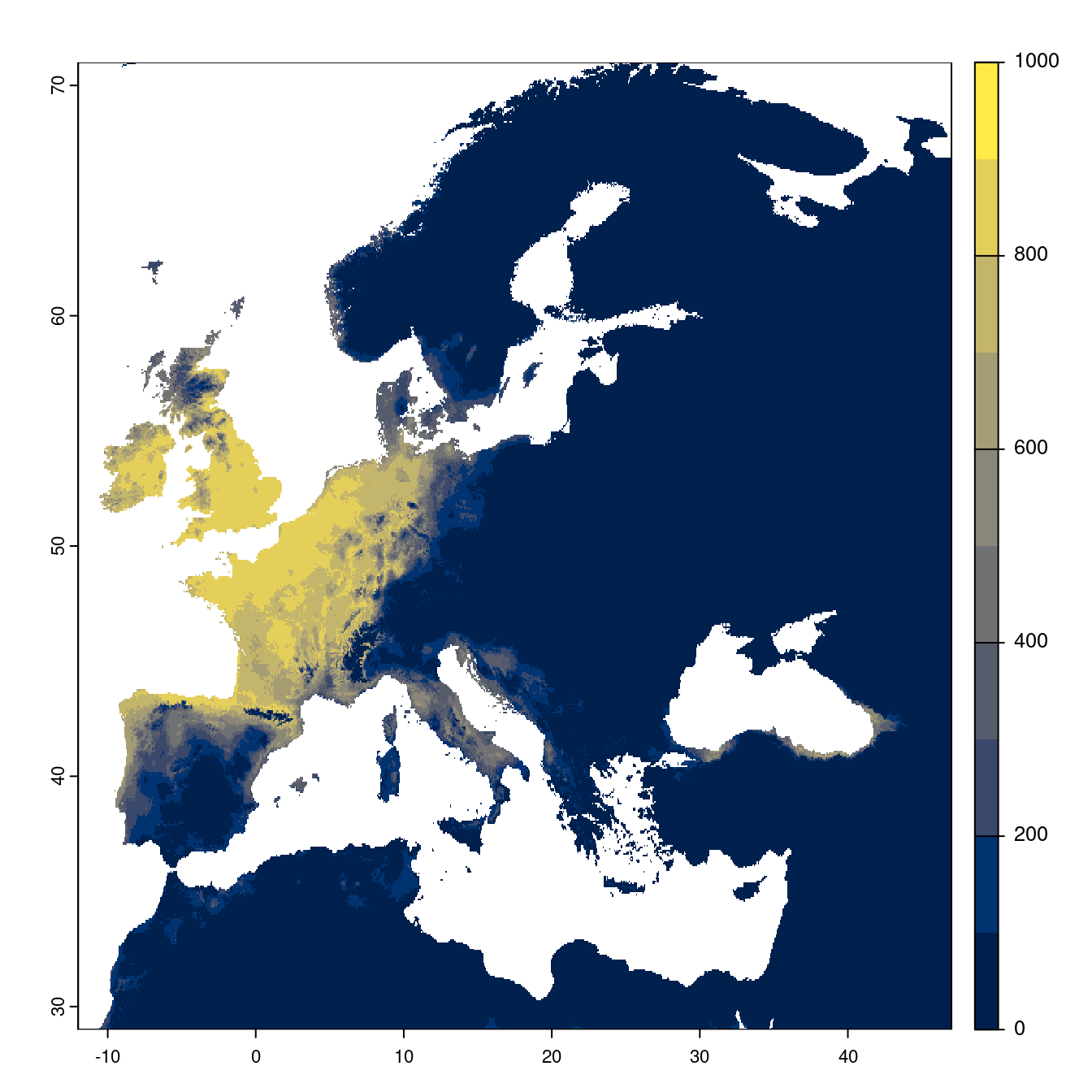 Projection des distributions potentielles futures jusqu'à l'horizon 2100 sous le scénario SSP1-2.6 (modèle d'ensemble).
