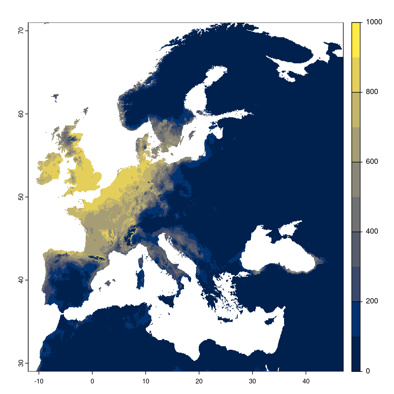 Projection des distributions potentielles futures jusqu'à l'horizon 2100 sous le scénario SSP2-4.5 (modèle d'ensemble).