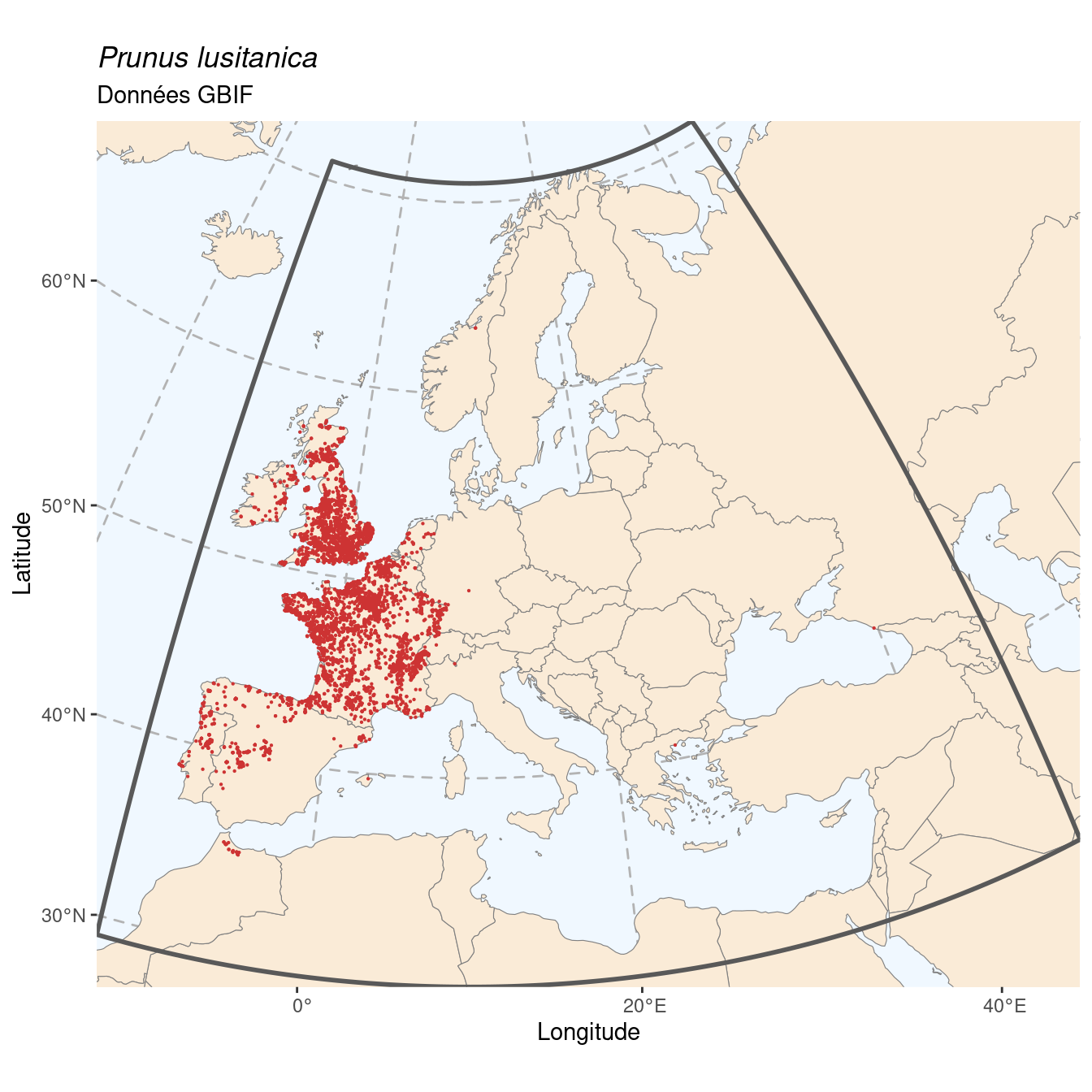 Occurrence de Prunus lusitanica dans la région d'endémisme.