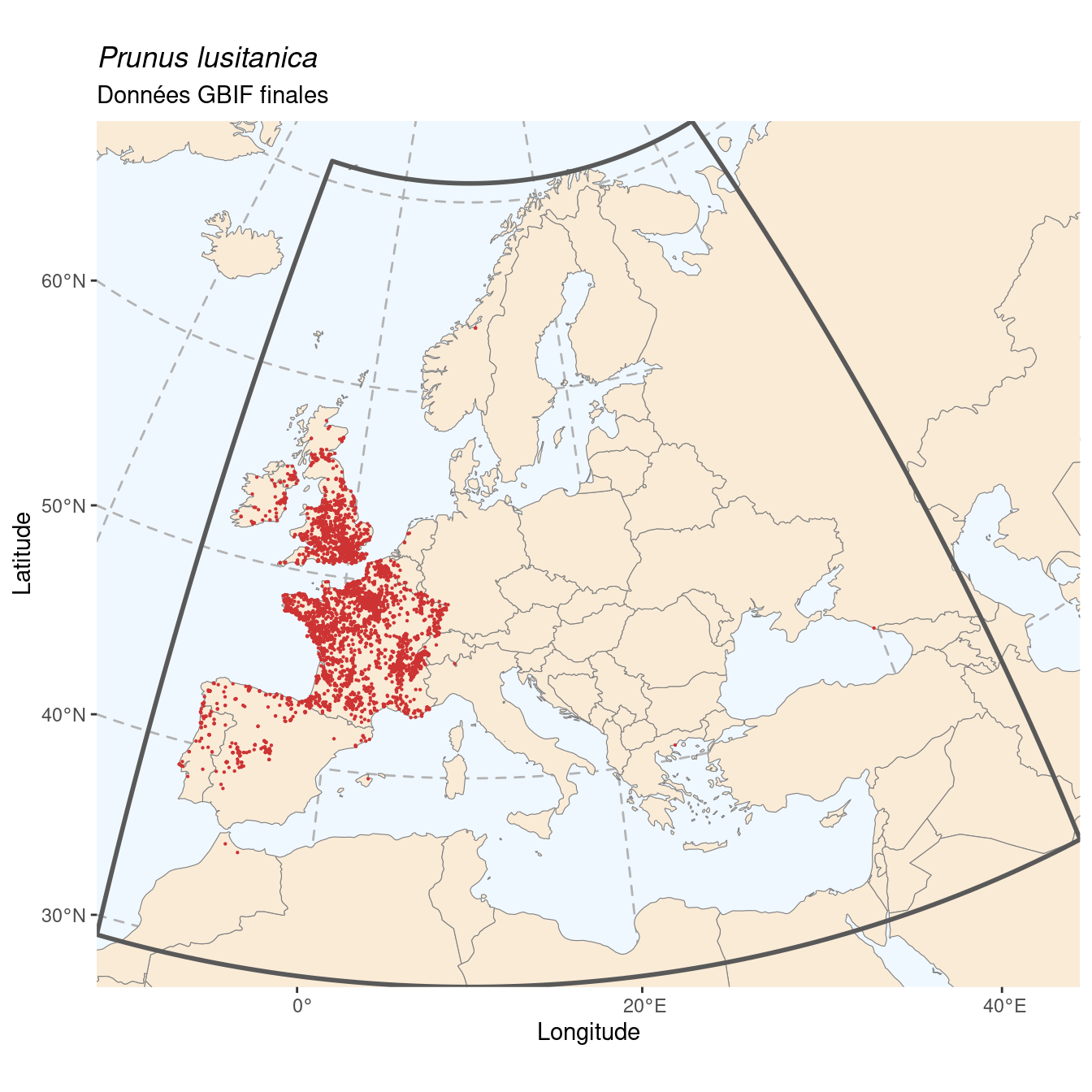 Occurrence de Prunus lusitanica dans la région d'endémisme après sous-échantillonnage éventuel.