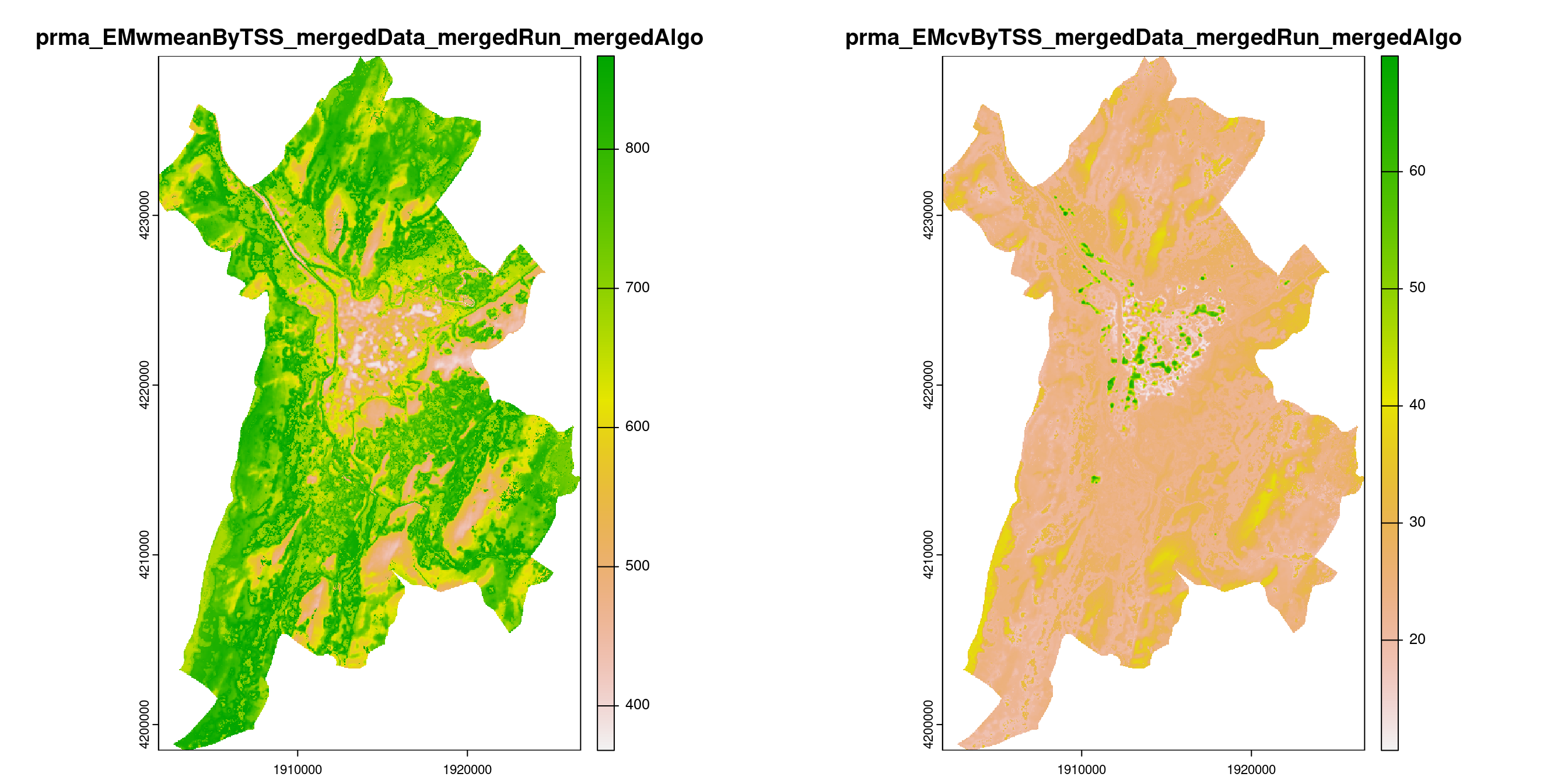 A) Projection de la distribution potentielle contemporaine (modèle d'ensemble) sur la métropole de Grenoble ; B) Incertitude associée à la projection.