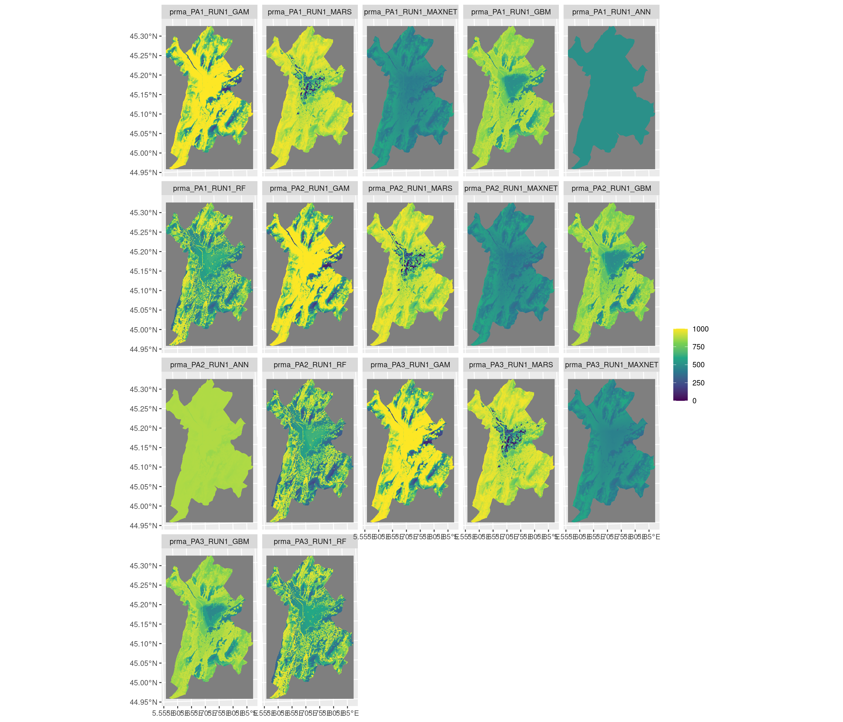 Projection de la distribution potentielle contemporaine sur la métropole de Grenoble, selon les 6 algorithmes et les 3 runs.