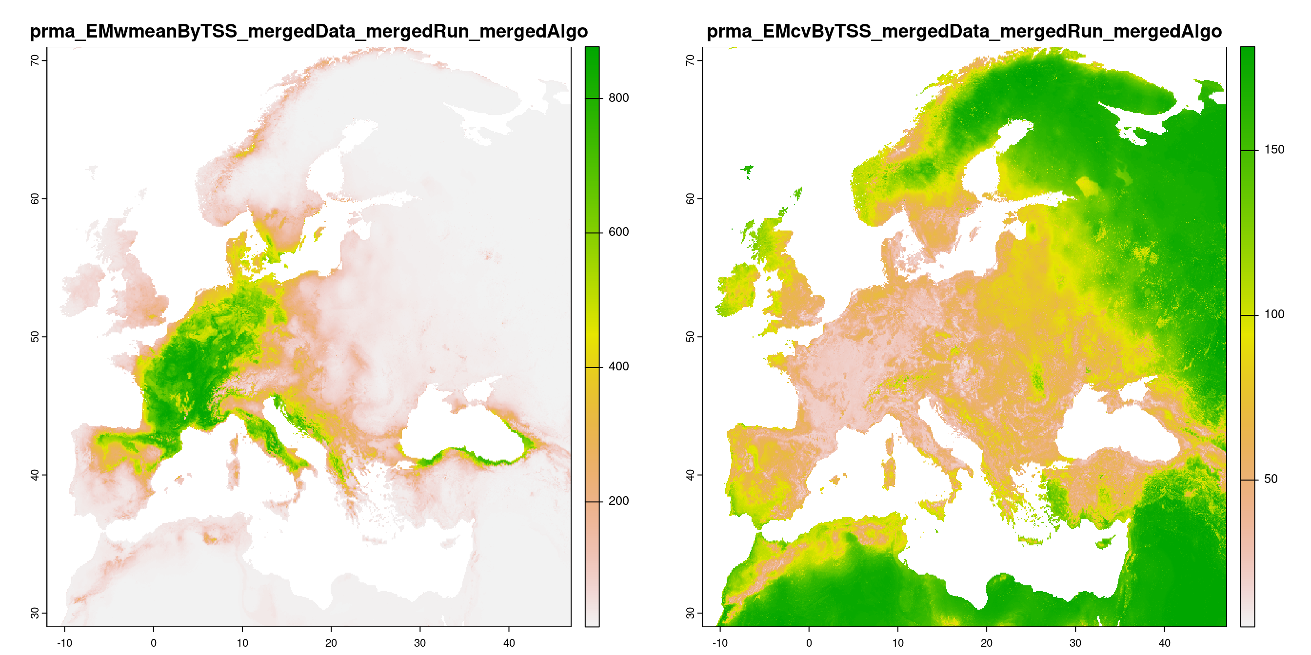 A) Projection de la distribution potentielle contemporaine (modèle d'ensemble) ; B) Incertitude associée à la projection.