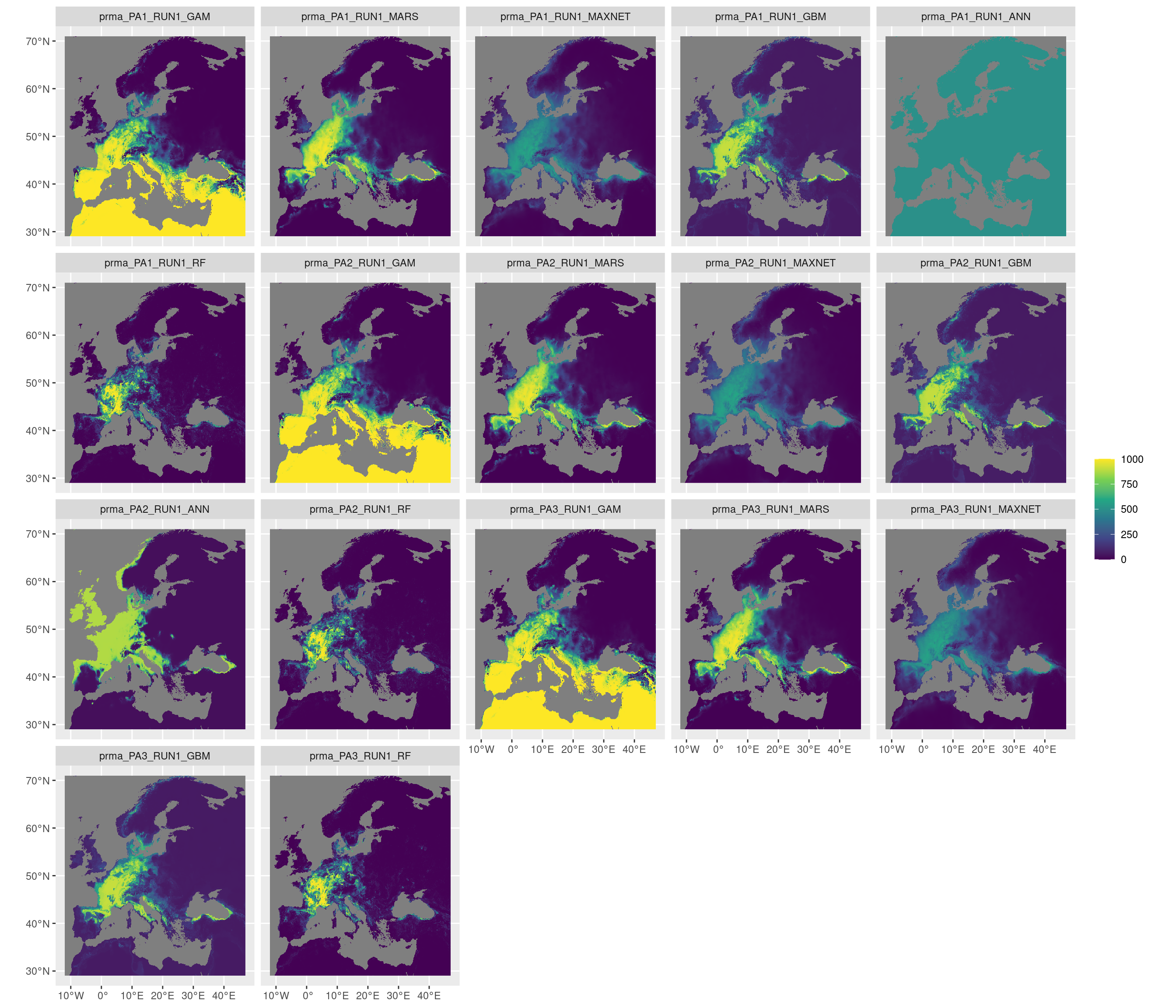Projection de la distribution potentielle contemporaine sur l'Europe, selon les 6 algorithmes et les 3 runs.