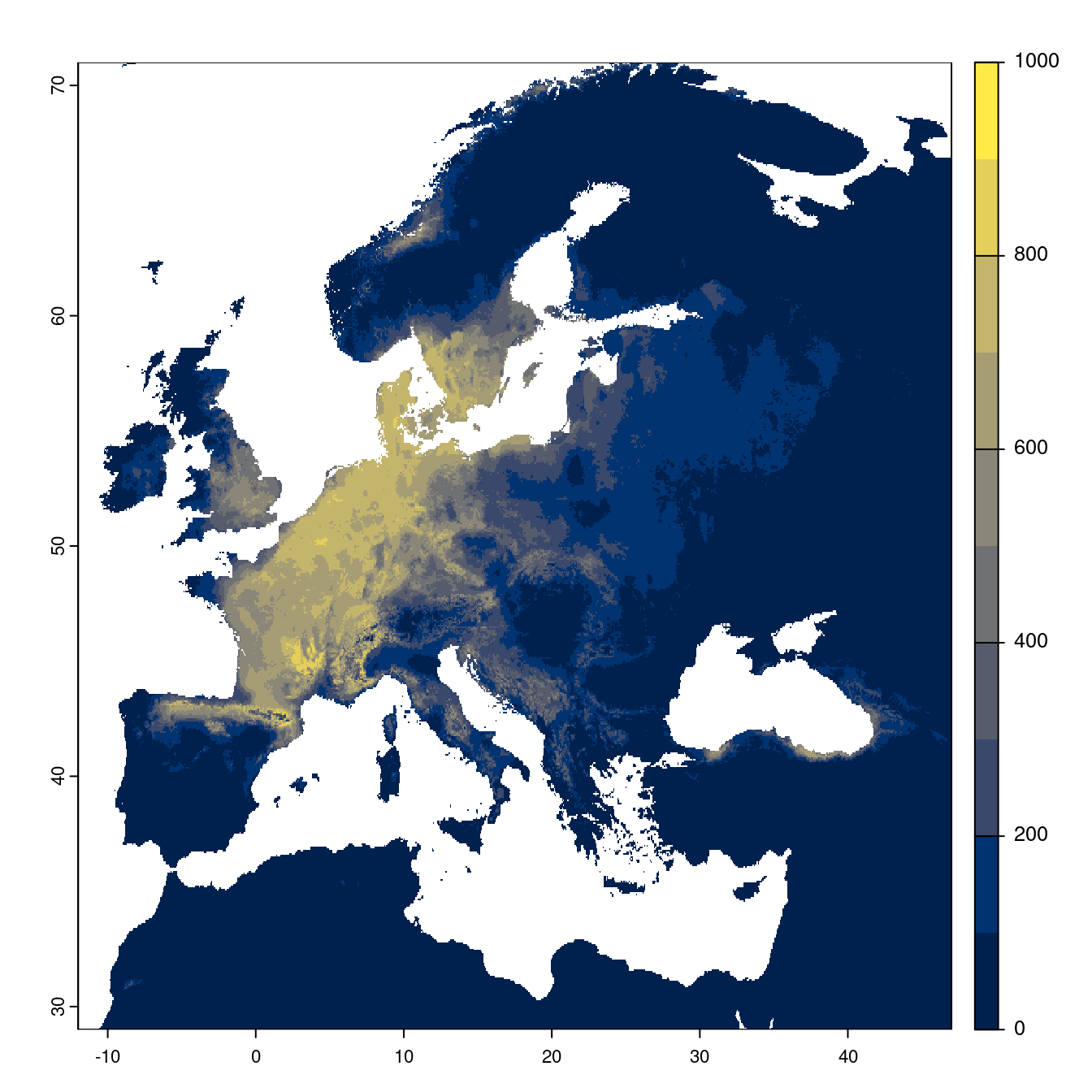 Projection des distributions potentielles futures jusqu'à l'horizon 2100 sous le scénario SSP5-8.5 (modèle d'ensemble).