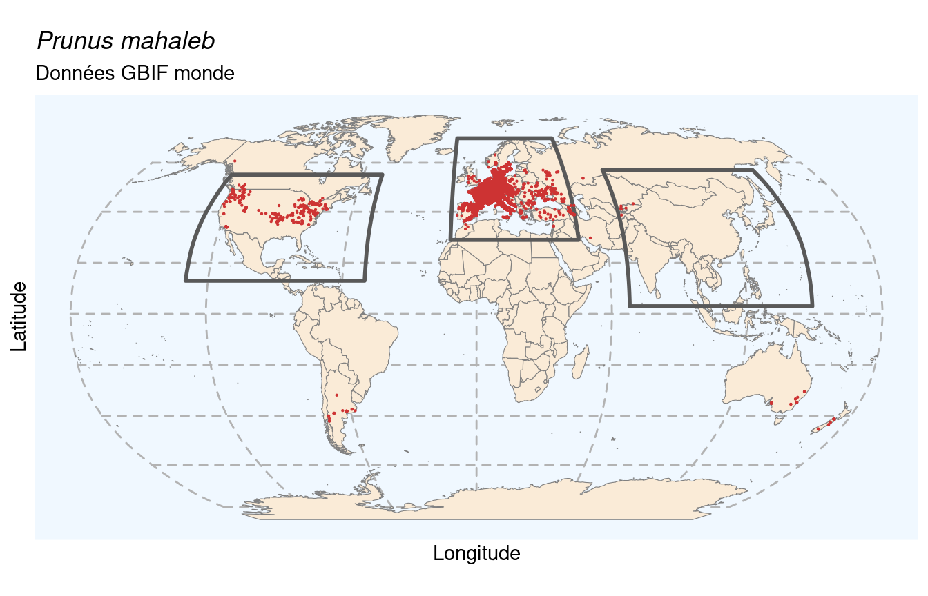 Occurrences de Prunus mahaleb dans le monde.