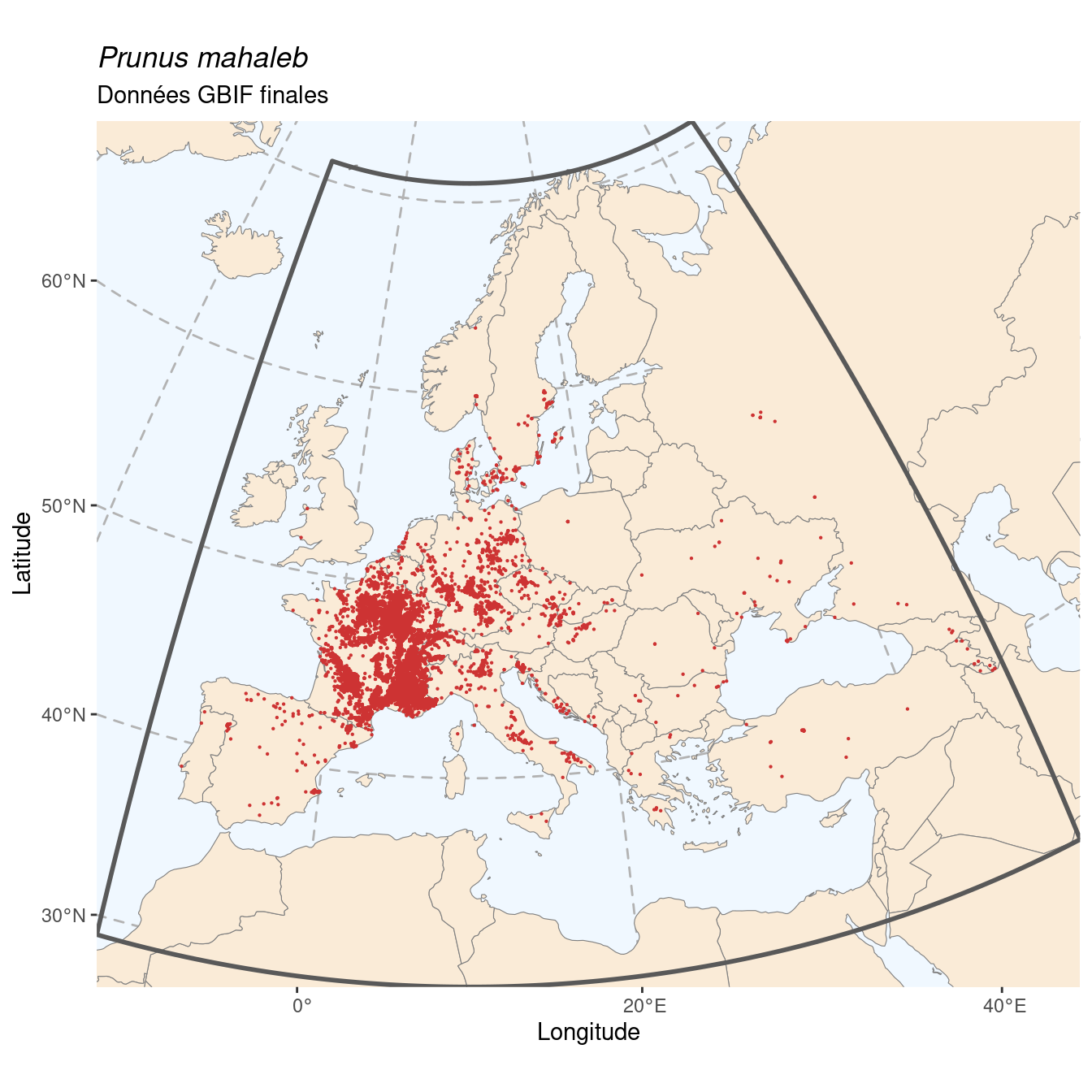 Occurrence de Prunus mahaleb dans la région d'endémisme après sous-échantillonnage éventuel.