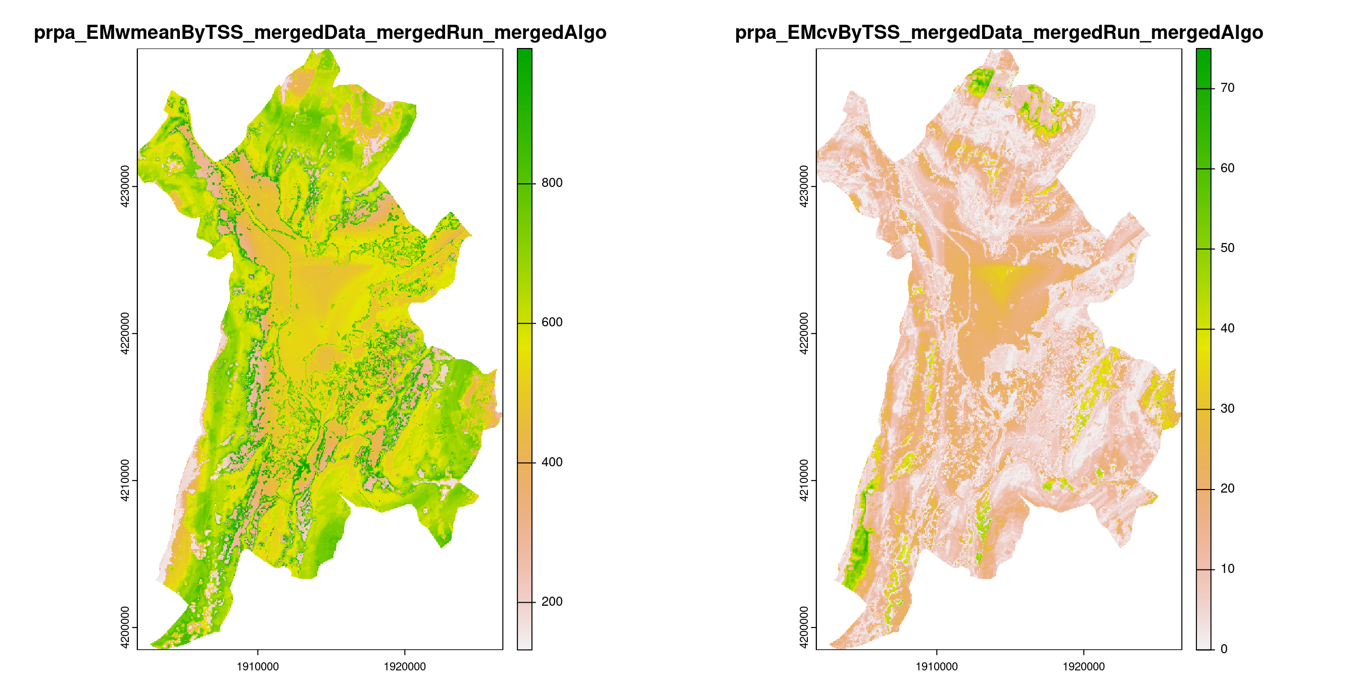 A) Projection de la distribution potentielle contemporaine (modèle d'ensemble) sur la métropole de Grenoble ; B) Incertitude associée à la projection.