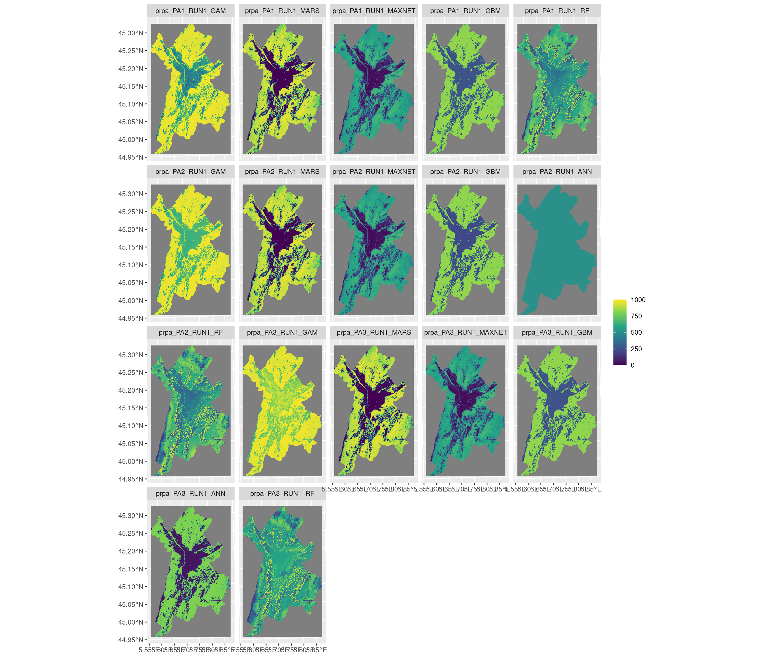Projection de la distribution potentielle contemporaine sur la métropole de Grenoble, selon les 6 algorithmes et les 3 runs.