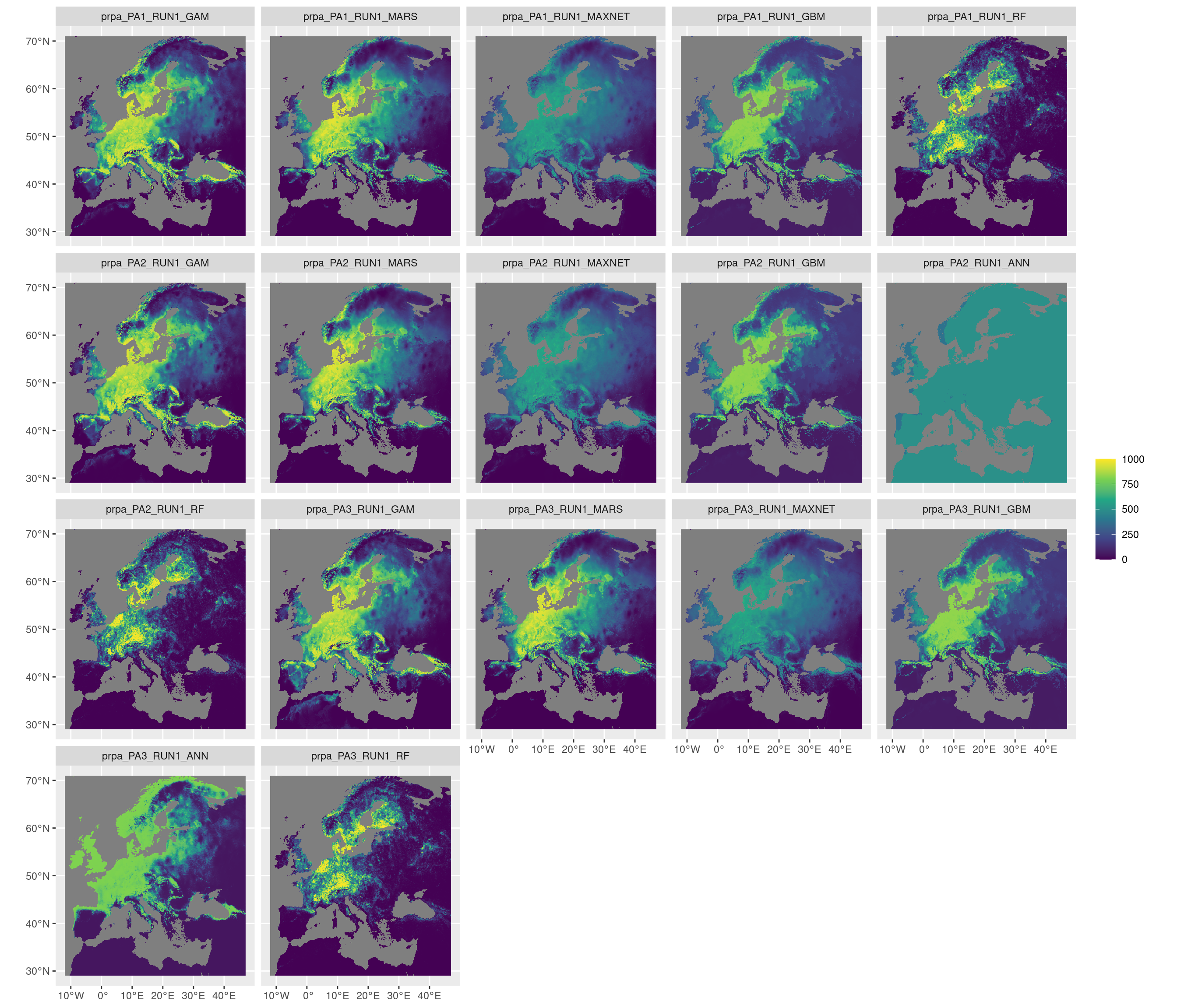 Projection de la distribution potentielle contemporaine sur l'Europe, selon les 6 algorithmes et les 3 runs.