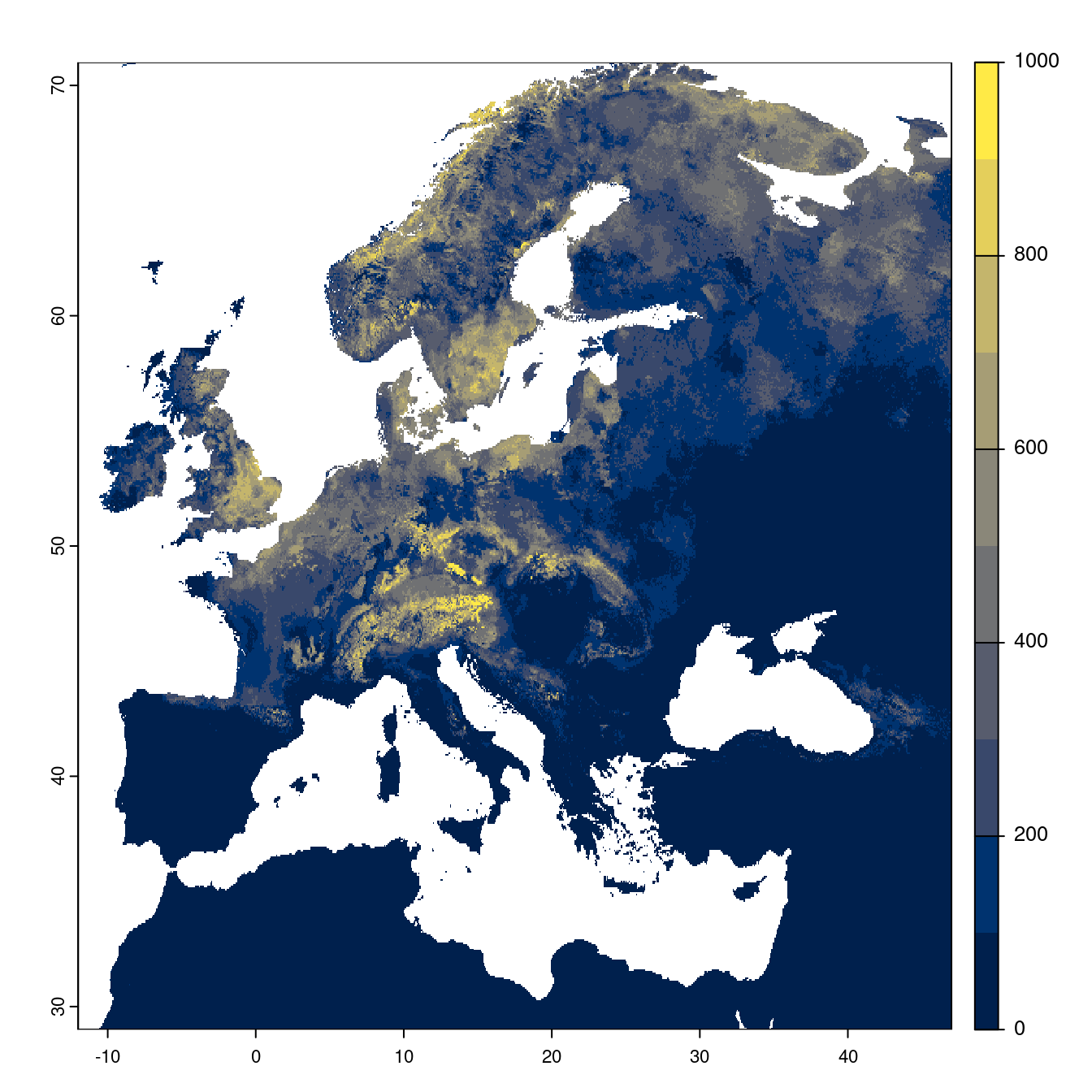 Projection des distributions potentielles futures jusqu'à l'horizon 2100 sous le scénario SSP1-2.6 (modèle d'ensemble).